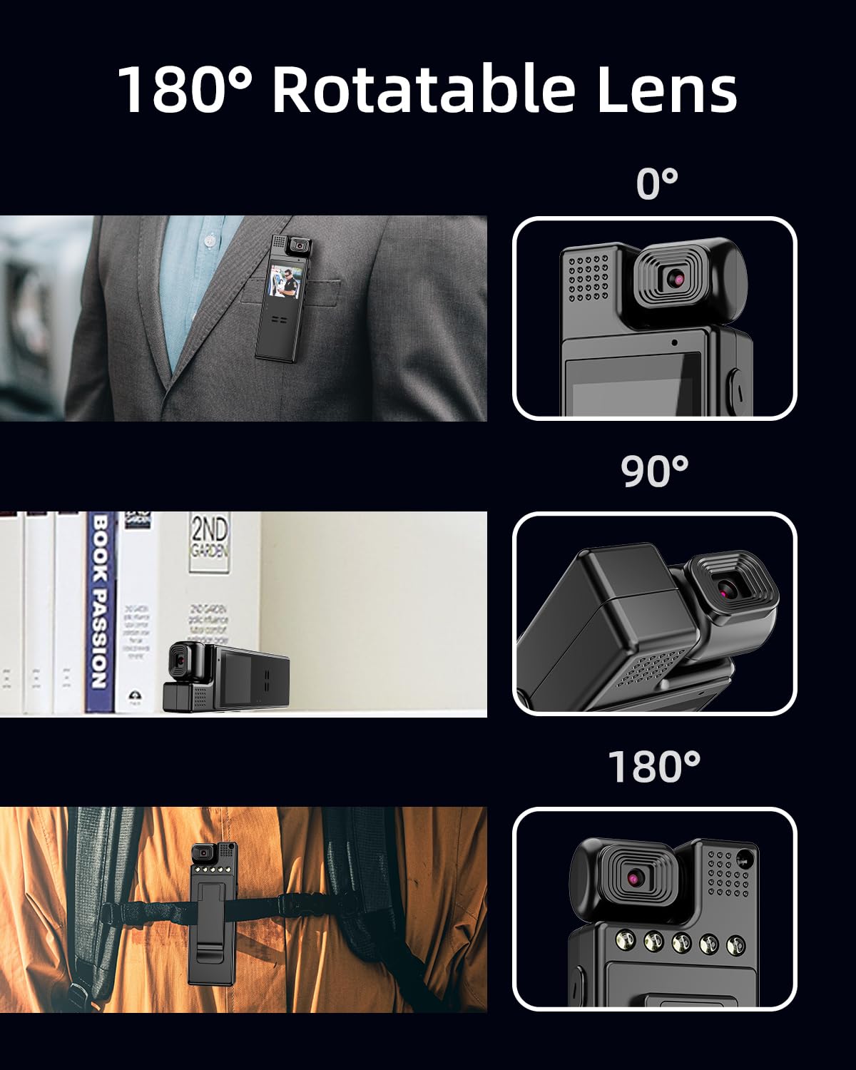 Vidcastive 64G Body Camera With Video And Audio Recording, 1080P Hd Police Body Worn Cam With 180 Rotatable Lens, Night Vision,