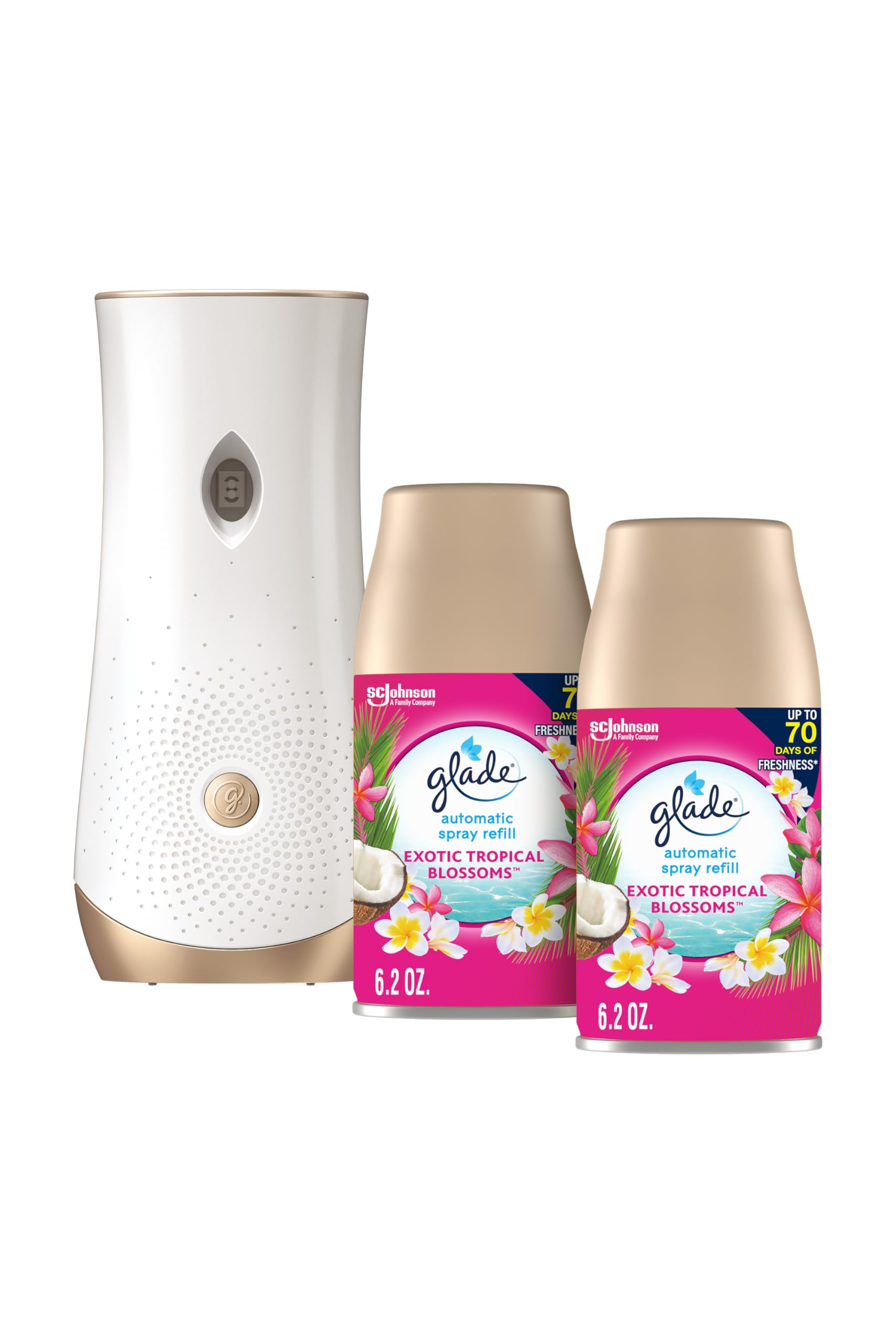 Glade Automatic Spray Refill And Holder Kit, Air Freshener For Home And Bathroom, Tropical Blossoms, 6.2 Oz, 2 Count