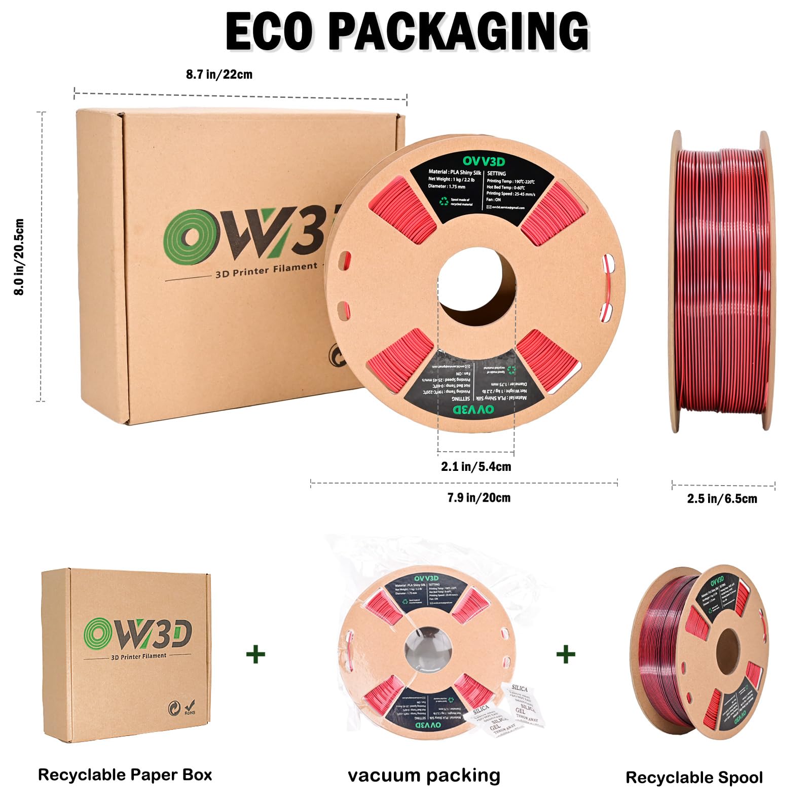 Ovv3D Pla Filament 1.75Mm, 3D Printer Filament Silk Pla Dual Color Pla Filament, Black Red Pla Filament, Color Change Every Inch