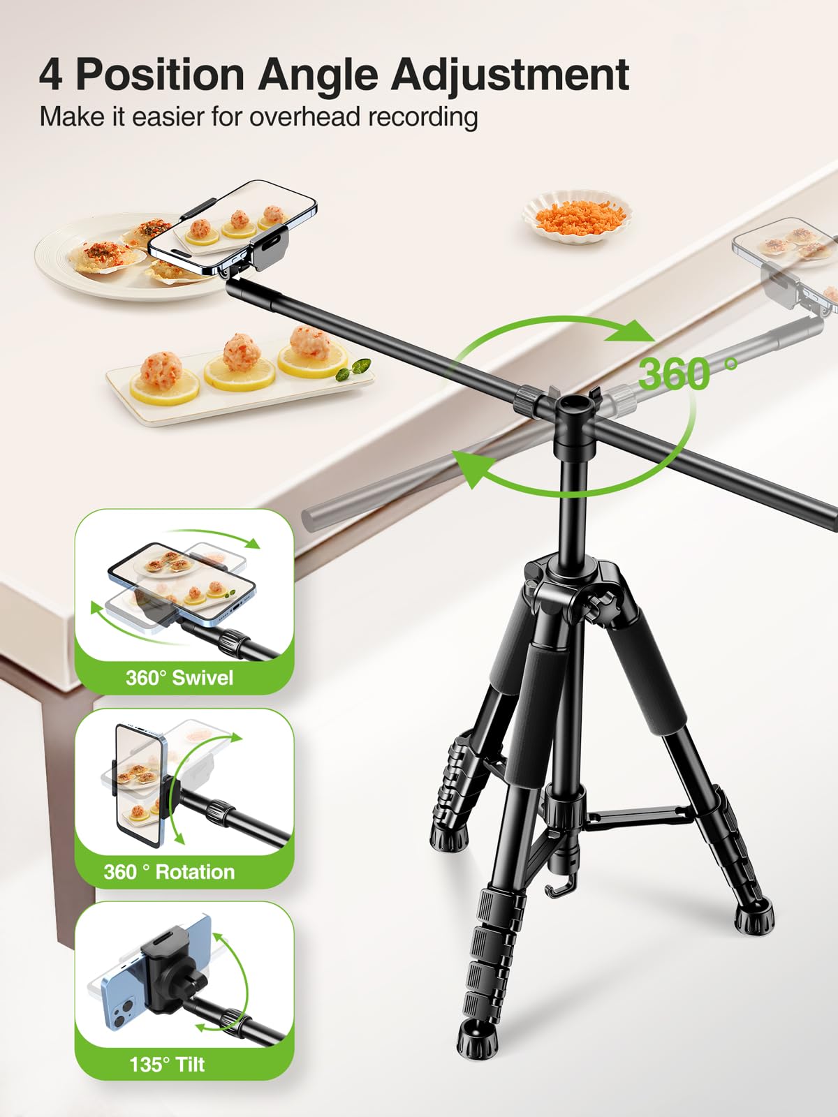 Elitehood Phone Tripod For Overhead Video Recording - Updated Horizontal 59-Inch Adjustable Tripod For Iphone With 25In Long Ext