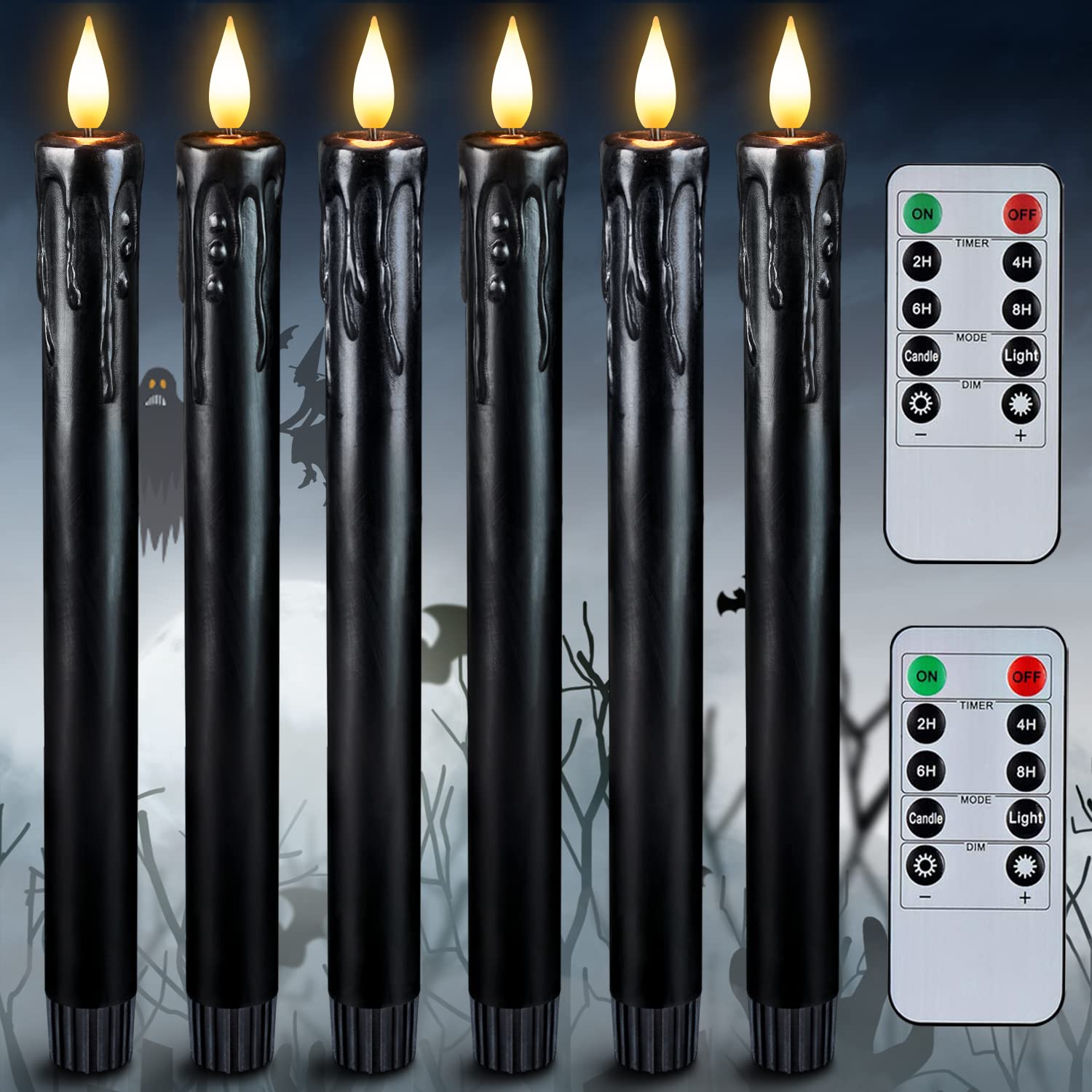 Homemory Black Flameless Taper Candles with Remote and Timer, Real Wax LED Taper Candles Battery Operated, Flickering Candle Sti