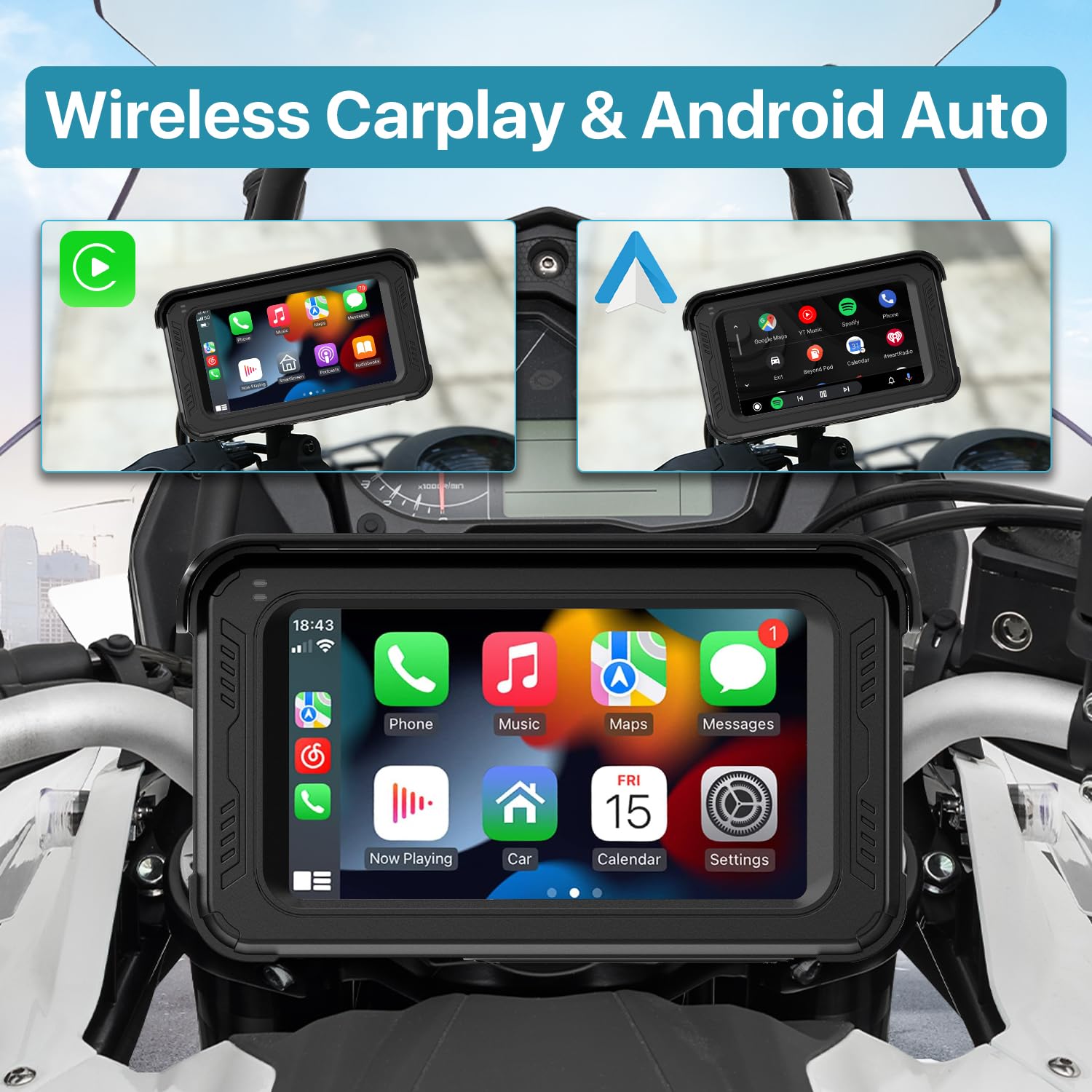 Motorcycle Dvr Dash Cam With Wireless Apple Carplay, Android Auto, Tpms, Hd 1080P Cameras, Gps G Sensor, Siri & Google Voice, 5'