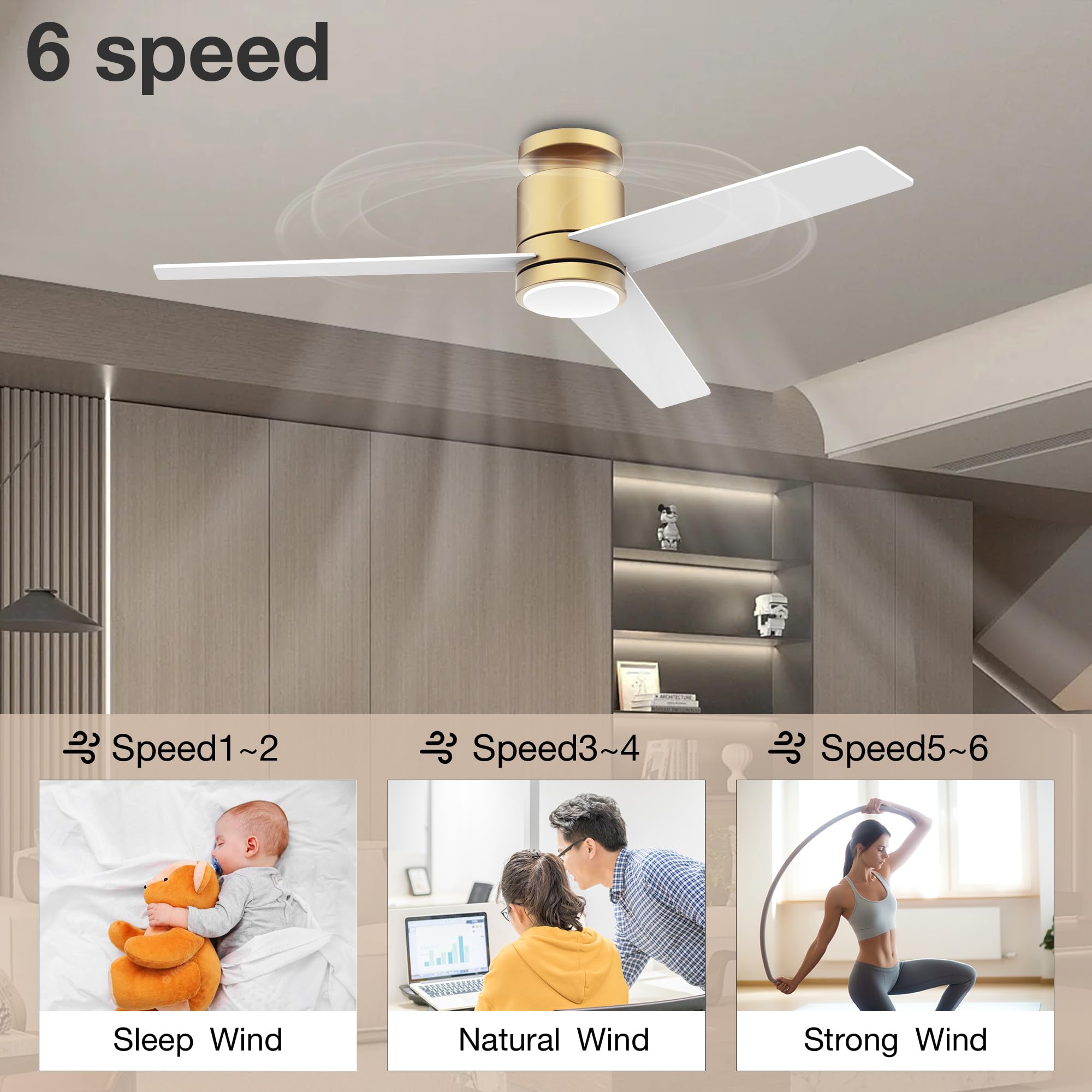 Lorpies 52    Smart Flush Mount Ceiling Fans With Lights Remote,Quiet Dc Motor,Outdoor Indoor Low Profile Ceiling Fan,Voice Cont