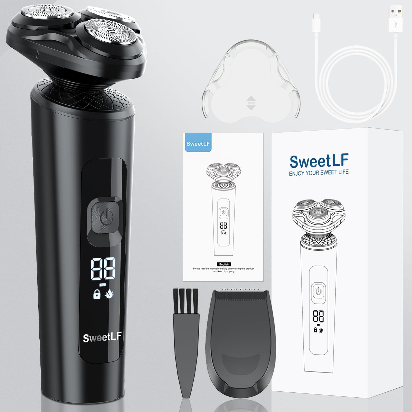 Sweetlf Electric Razor For Men, Wet & Dry Shaving, Type C Charging, Ipx7 Waterproof, Led Display, Face Shaver, Black