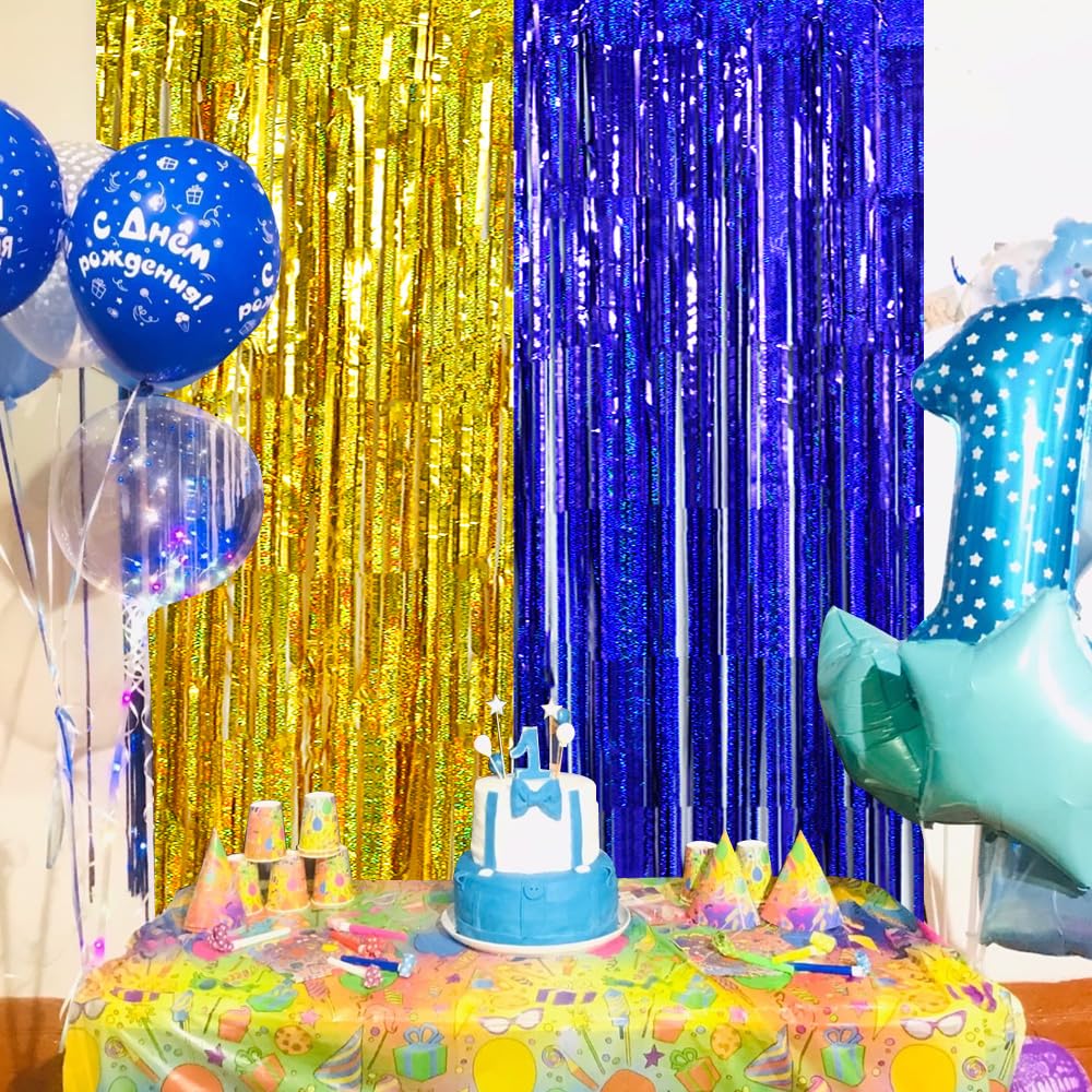 Beishida 4 Pcs Blue And Gold Party Streamers Fringe Foil Curtain Backdrop Tinsel Background Party Decoration For Door Wall Gradu