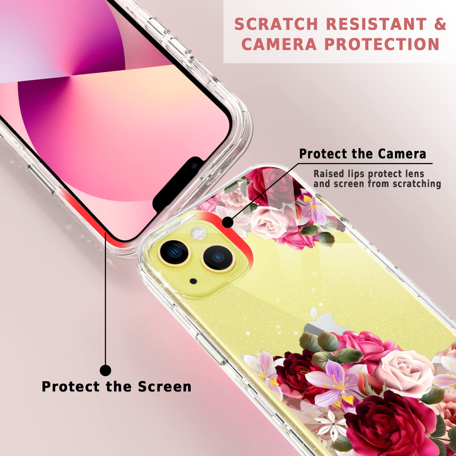 Acketbox For Iphone 14 Case With Screen Protector + Camera Lens Protector And Ring Bracket,Flower Pattern Design For Women And G