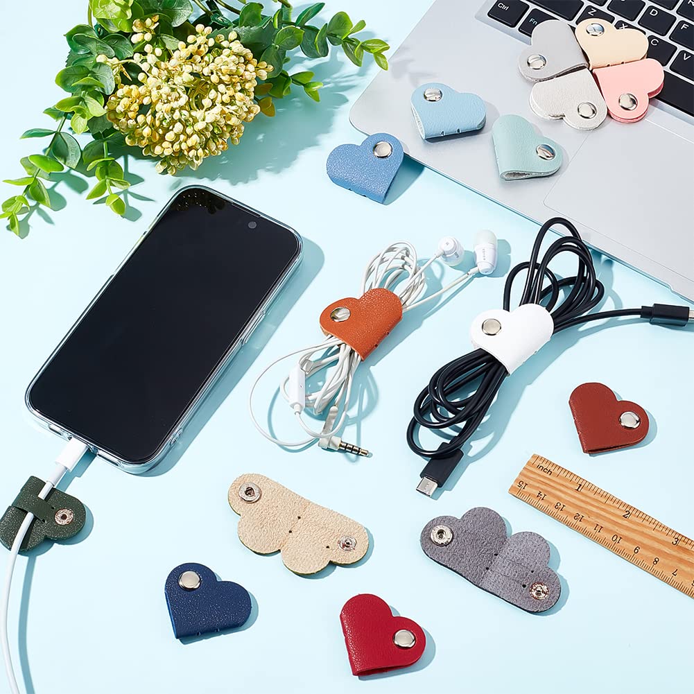Ahandmaker 15 Pcs Heart Cord Organizer, Cord Keeper Earbud Holder Headphone Cable Straps Wire Organizer Earphones Winder Leather