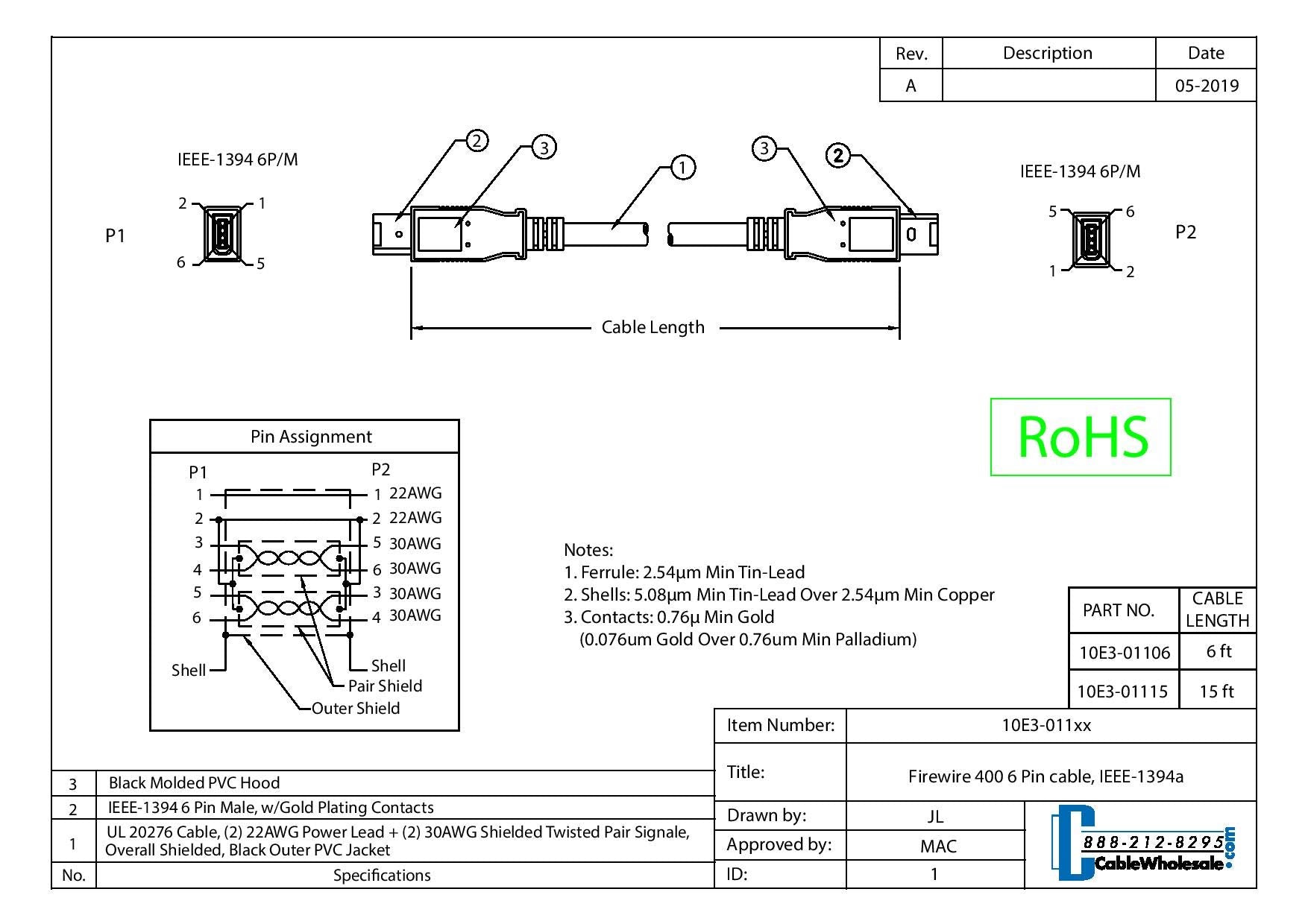 CableWholesale Firewire 400 6 Pin Cable, Male to Male iLink DV Cable, 6 Pin/6 Pin IEEE 1394a, Black, 6 Feet, IEEE 1394a High Speed Firewire 6 Pin to 6 Pin Cable