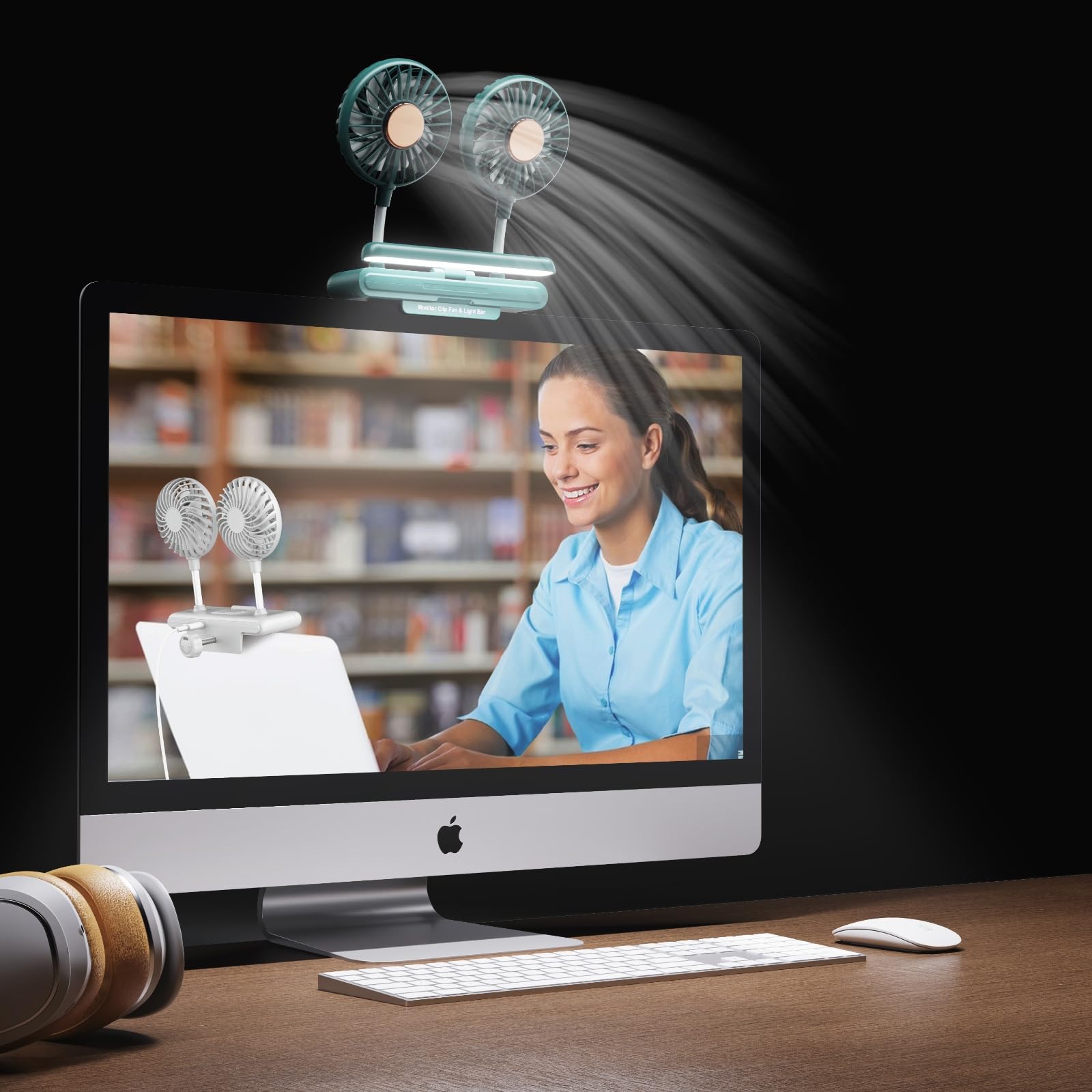Monitor Fan Double Head With Clamp & Light Bar, Desk Lamp With Fan For Home Office Portable Laptops Fan Pc Fan Tablet Fan Lamp W