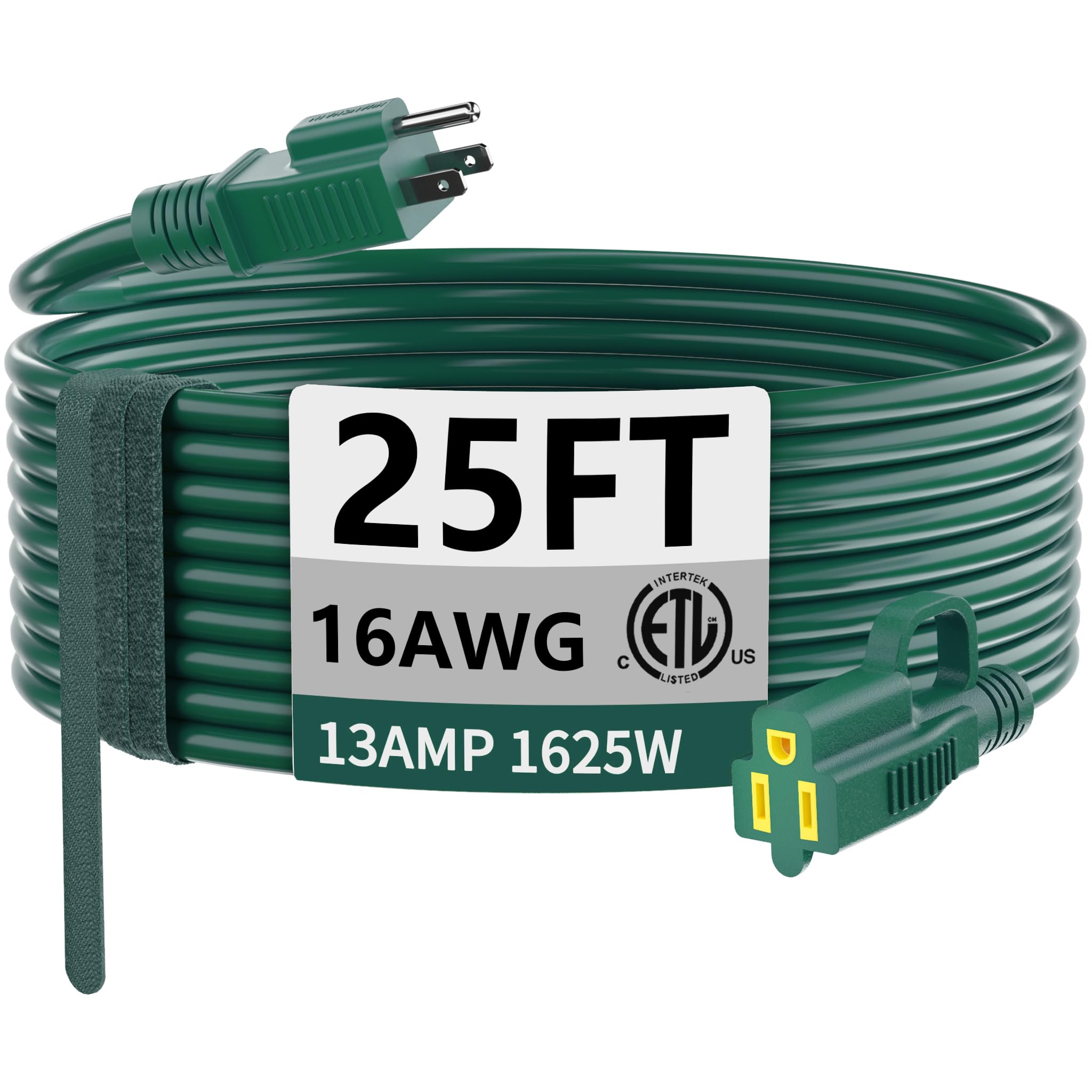 Huanchain Indoor Outdoor Green Extension Cord 25 Ft Waterproof, 16/3 Gauge Flexible Cold Resistant Appliance Extension Cord Outs