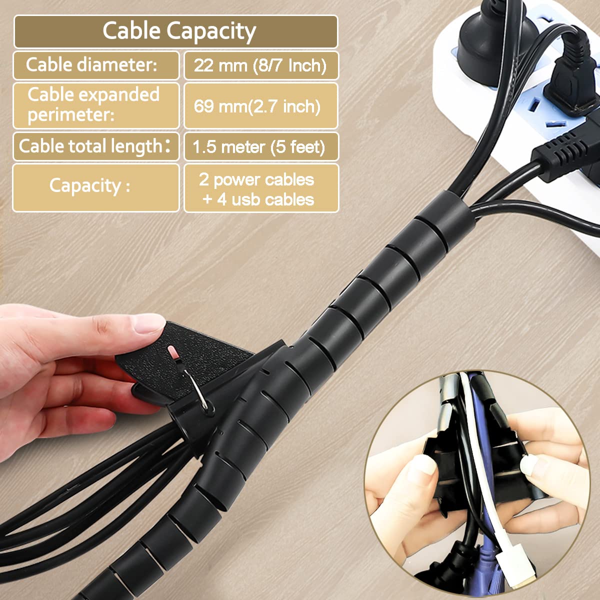 Fanoshon Black Computer Cable Management Sleeve Tube Under Desk Cord Organizer, 7/8 Inch  5 Ft Cover Wrap Easy To Install Messy
