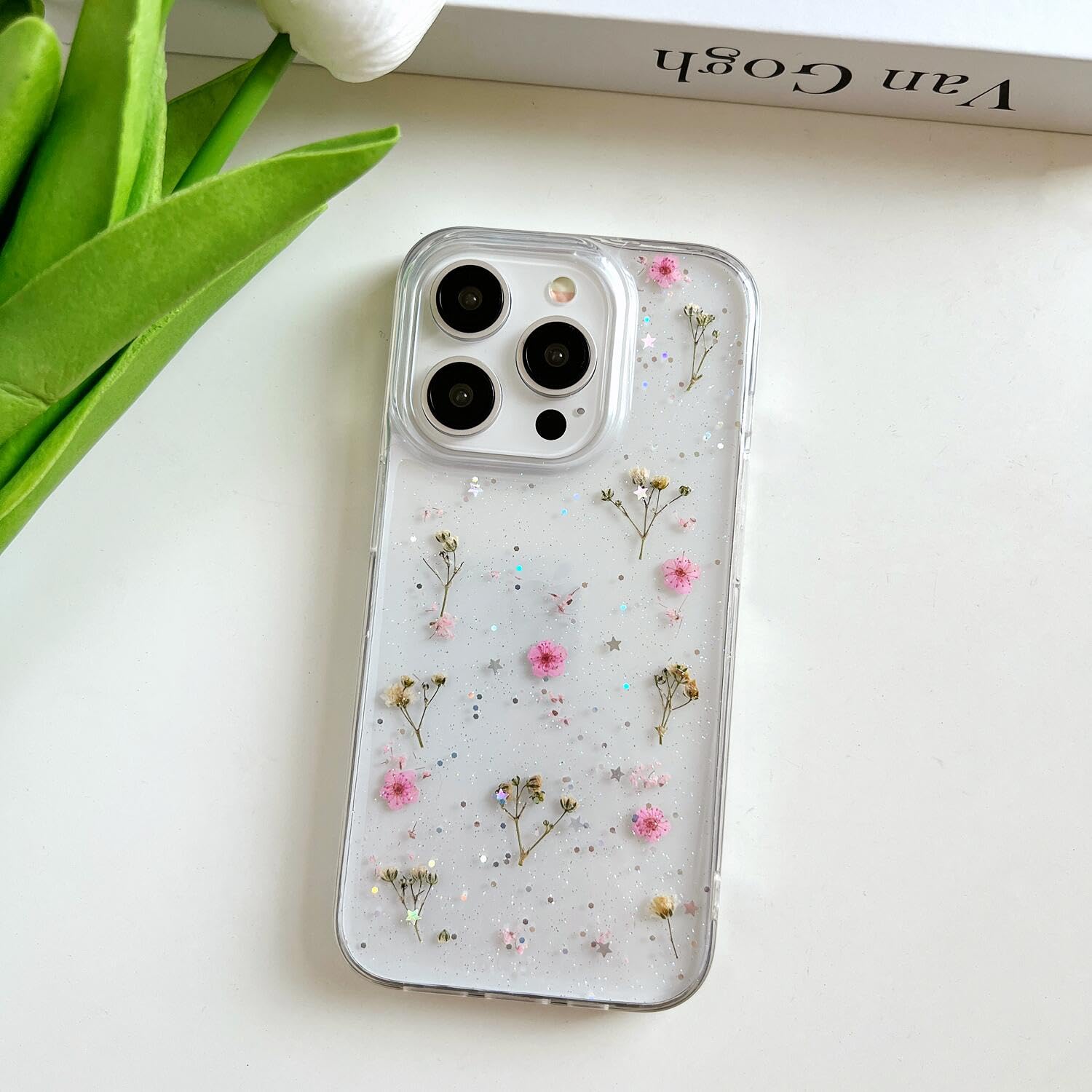 Lseeka For Iphone 15 Pro Clear Case With Pressed Real Flowers Design,Glitter Cute Pink Floral Pattern Slim Soft Tpu Protective W