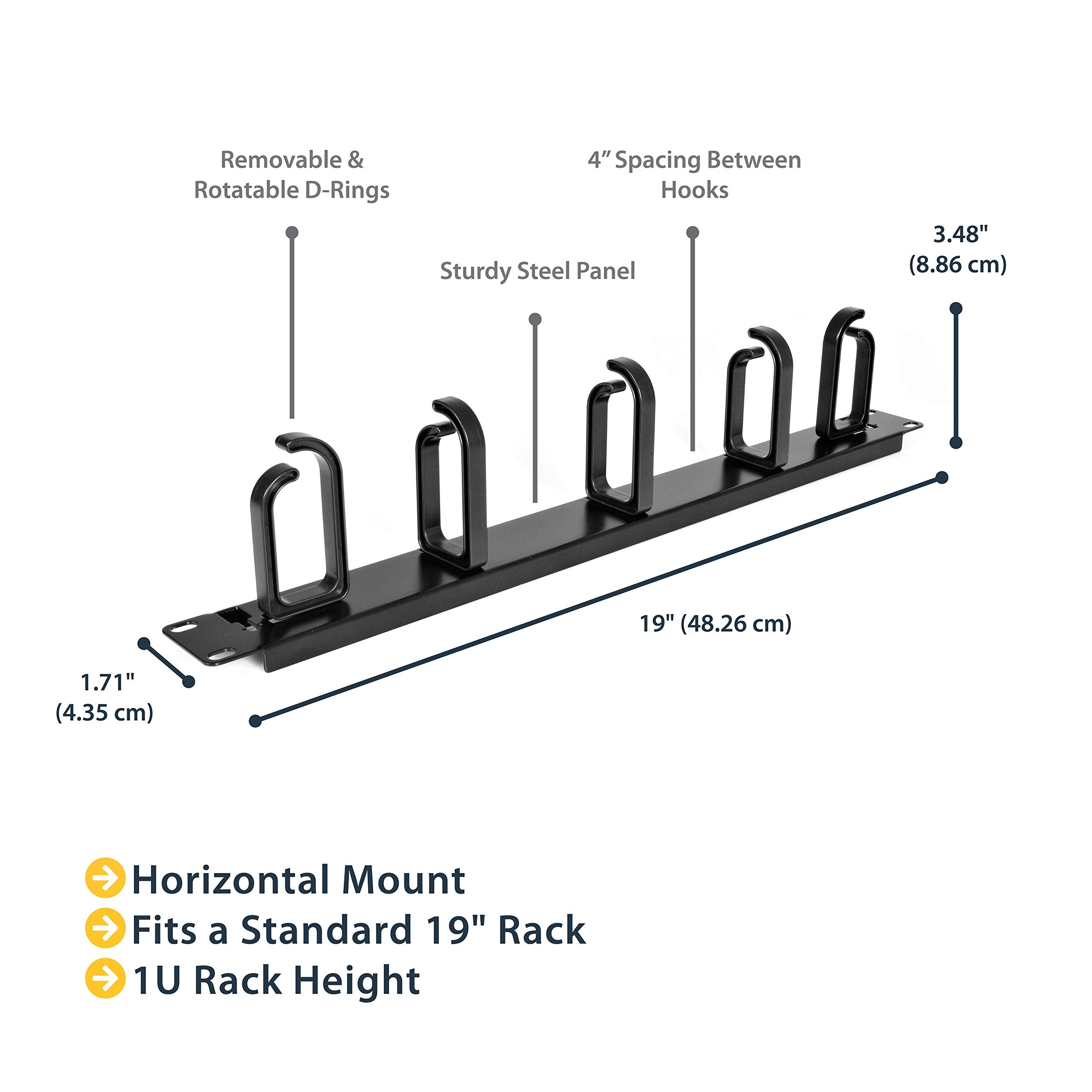 StarTech.com 19� Server Rack Cable Management Panel w/ D Ring Hooks   1U Horizontal or Vertical Wire and Cord Manager   Metal , TAA (CABLMANAGER2)