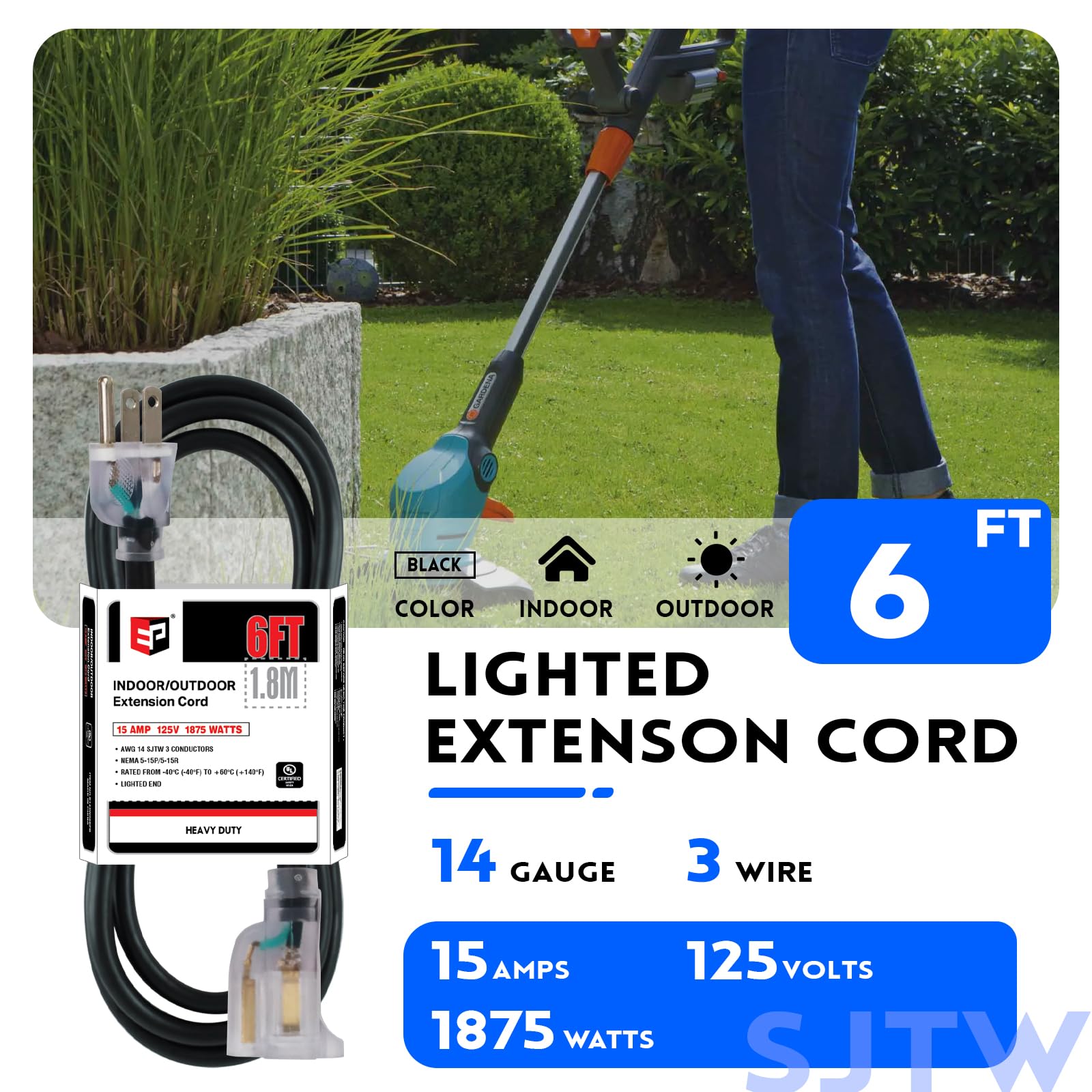 Ep 6Ft 14/3 Lighted Outdoor Extension Cord   14 Gauge 3 Prong Sjtw Heavy Duty Black Extension Cable With 3 Prong Grounded Plug F