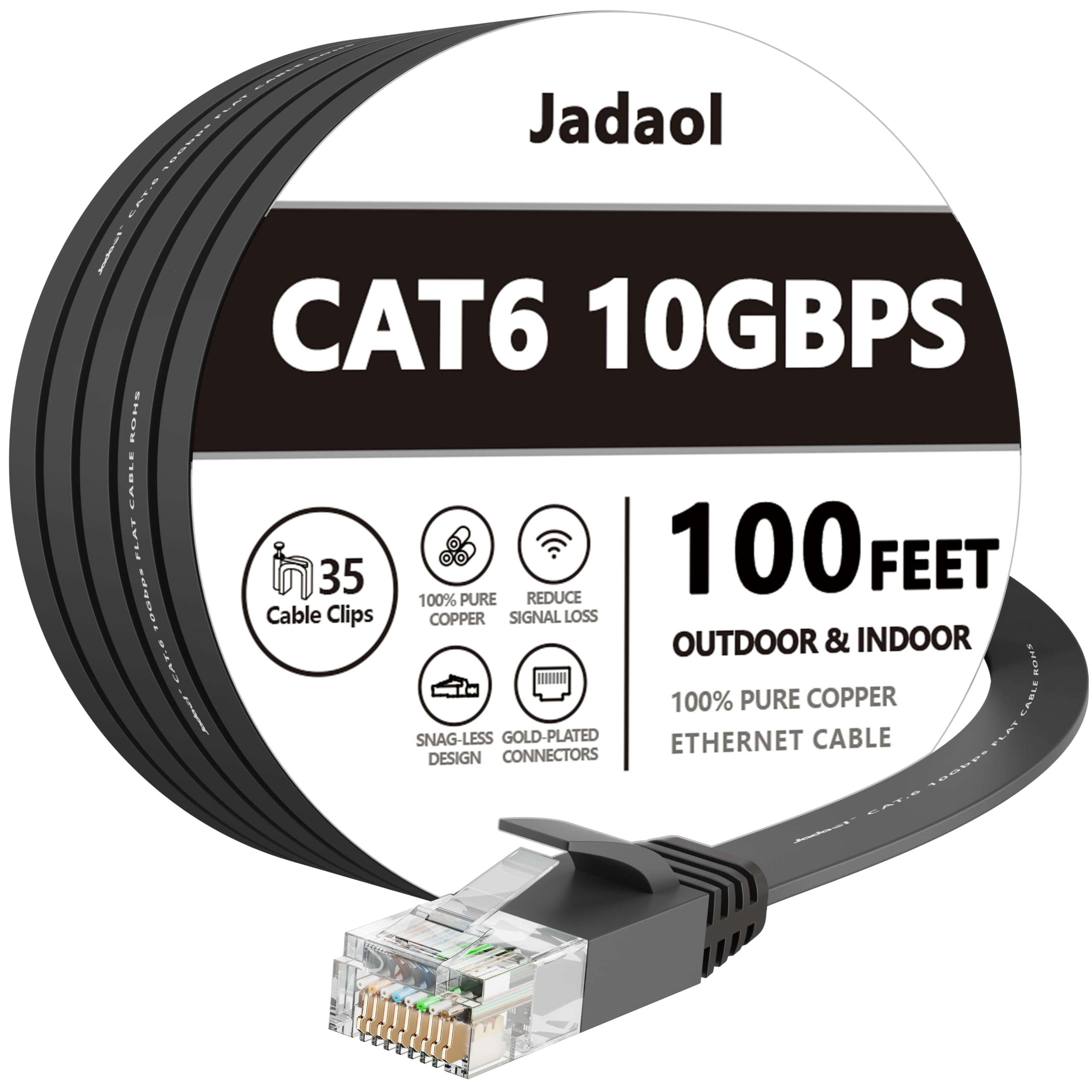 Cat 6 Ethernet Cable 100 ft, Outdoor&Indoor, 10Gbps Support Cat8 Cat7 Network, long Flat Internet LAN Patch Cord, Cat6 Solid Fas