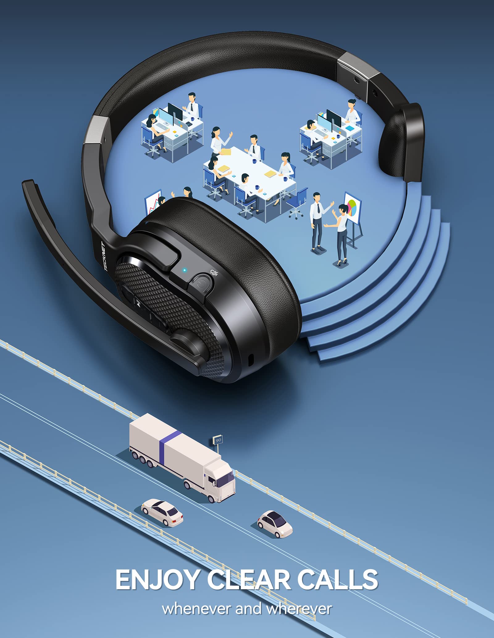 Tecknet Trucker Bluetooth Headset, Ai Noise Canceling 70H Wireless Headphones Bluetooth With Microphone & Dongle, Enc Bluetooth Headset With Mute For Pc Phone Laptop Office Home, All Day Comfort