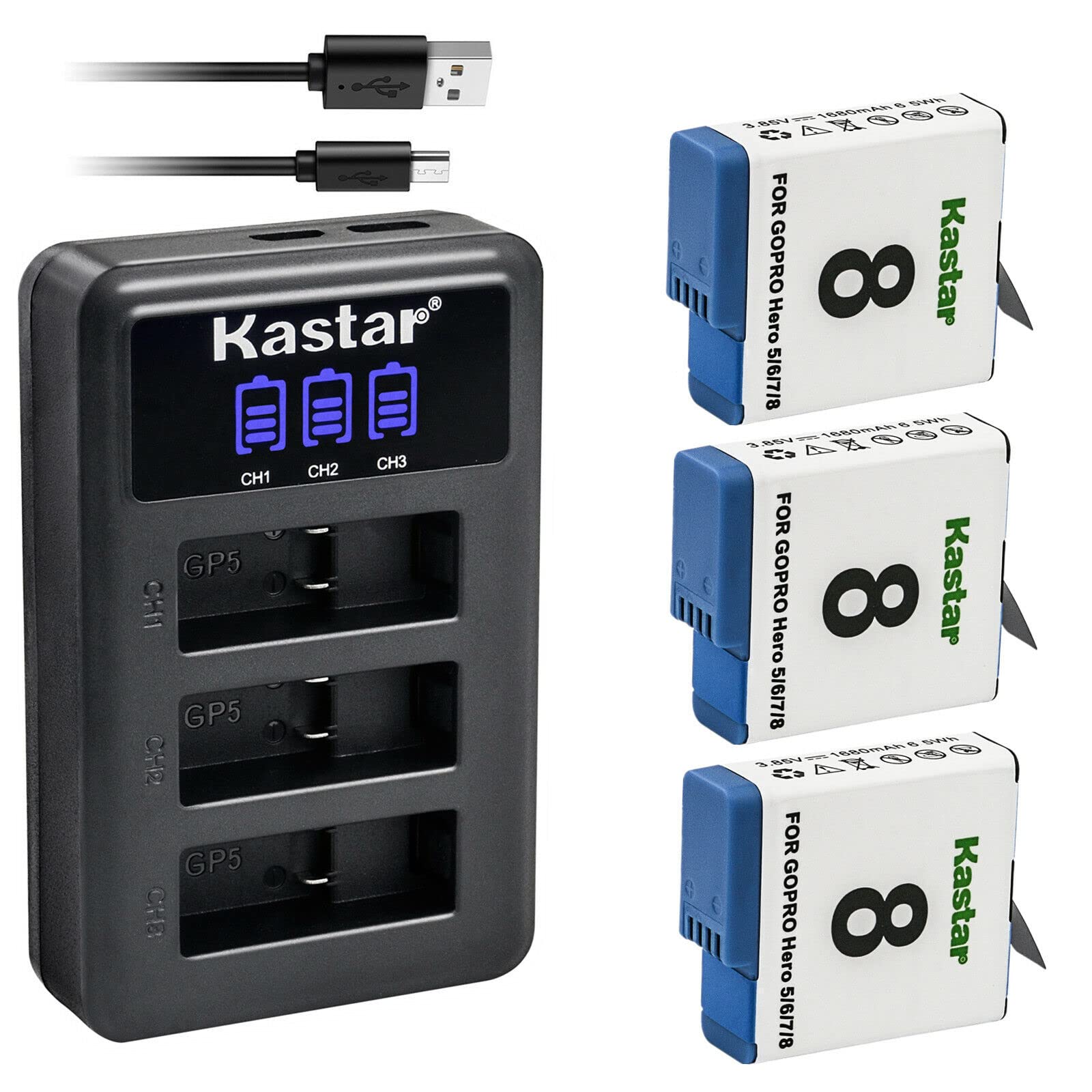 Kastar 3 Pack Battery and LCD Triple USB Charger Compatible with Gopro Hero 8 Action Camera, Hero 7 Action Camera, Hero 6 Action