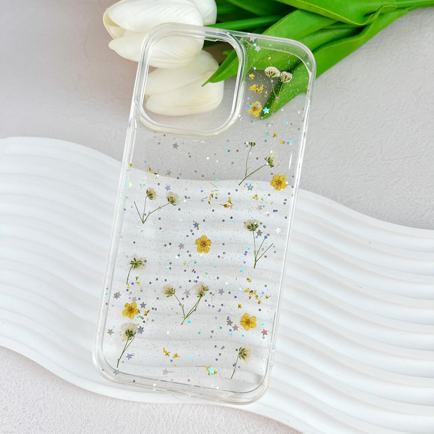 Lseeka For Iphone 15 Pro Max Clear Case With Pressed Real Flowers Design,Glitter Cute Yellow Floral Pattern Slim Soft Tpu Protec
