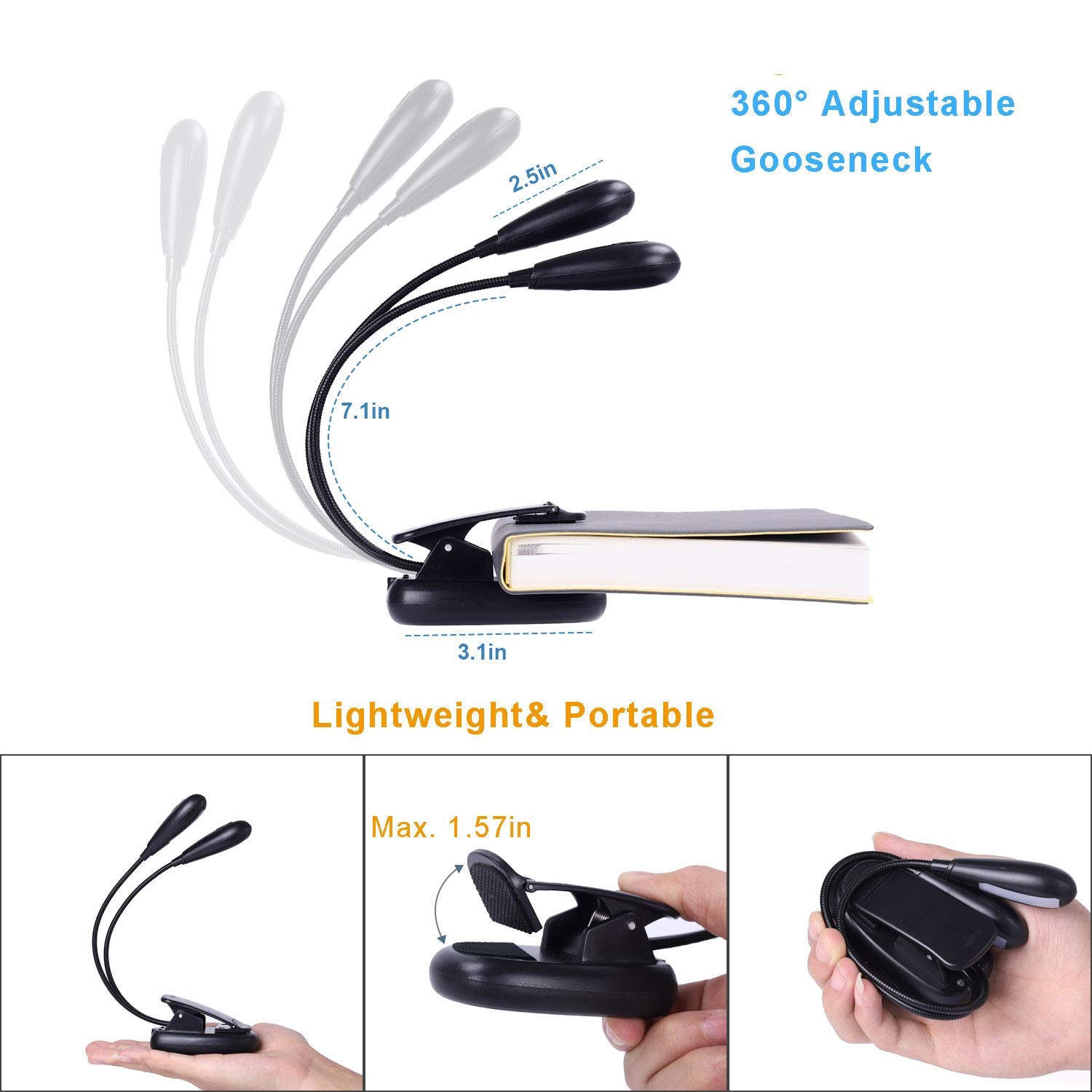 Igoober Rechargeable Music Stand Light, Clip On Reading Light, 8 Led Book Lamp, 3 Level Brightness For Eye Protection, Perfect F