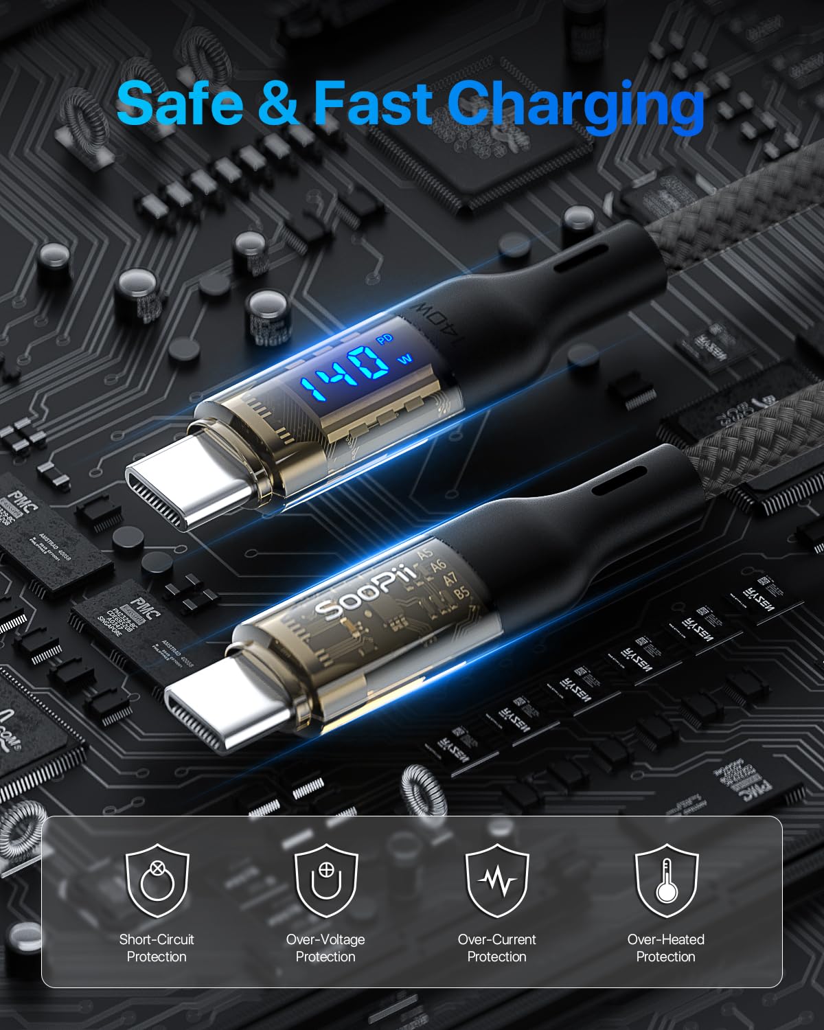 Soopii Usb C To Usb C Cable [140W 4Ft],Fast Charging Usb C Cable With Led Display For Galaxy S23+/S23 Ultra/S22 Ultra,Macbook Pr