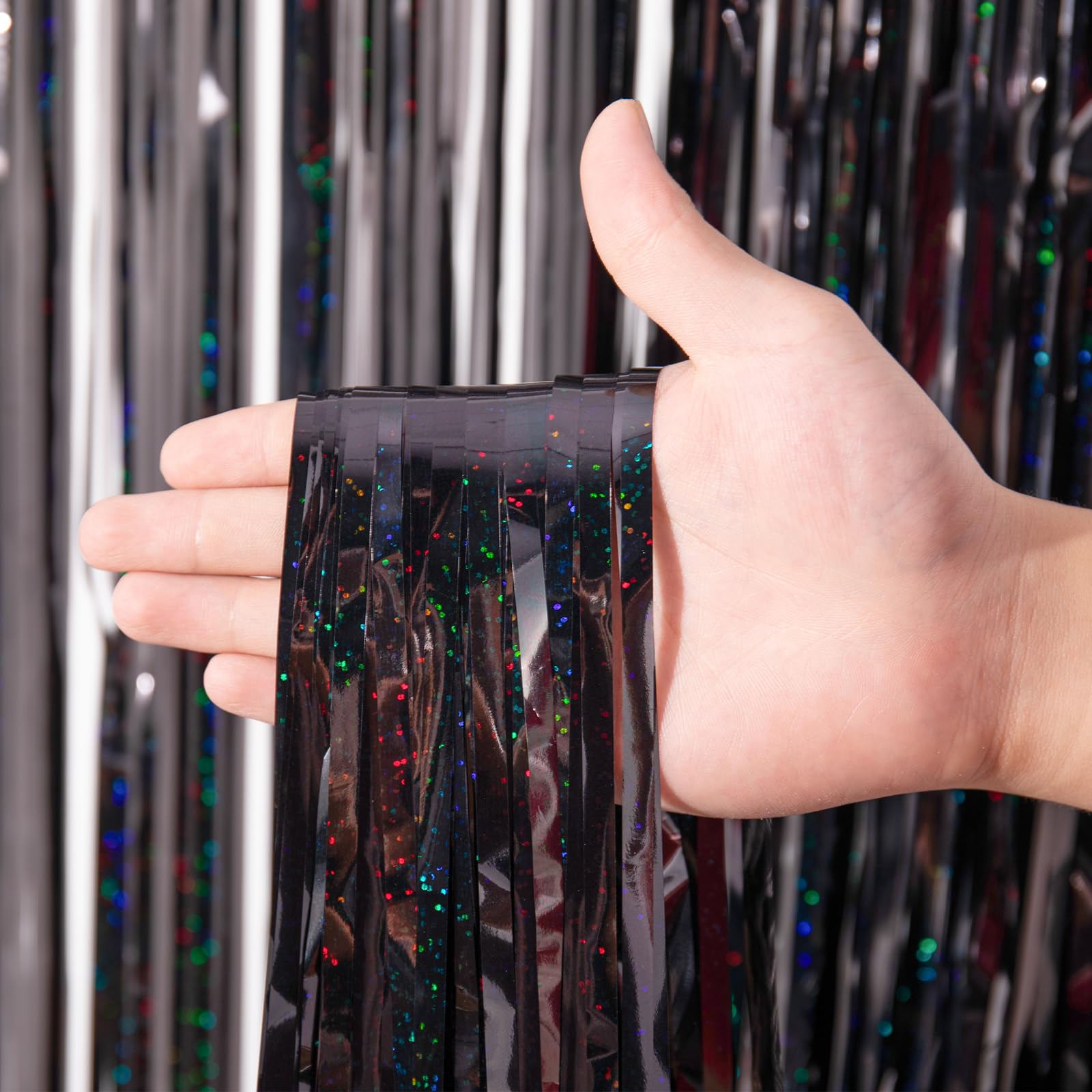 Voircoloria 2 Pack Laser Black Tinsel Foil Fringe Curtains, Black Party Decorations, Metallic Tinsel Party Streamers Backdrop Fo