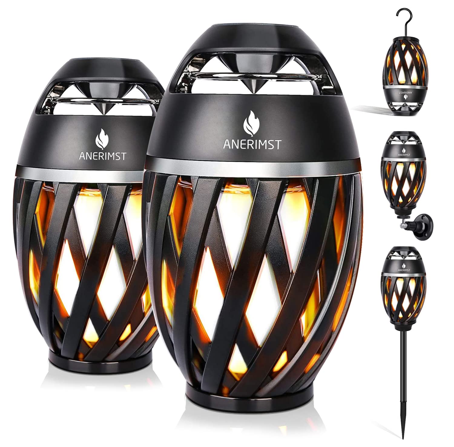 Anerimst Outdoor Bluetooth Speakers, Waterproof Wireless Speakers With Torch Flame Light, Cool Gadgets For Men Women, Led Lantern For Gardening Camping Patio Hot Tub, 2 Pack (Black)