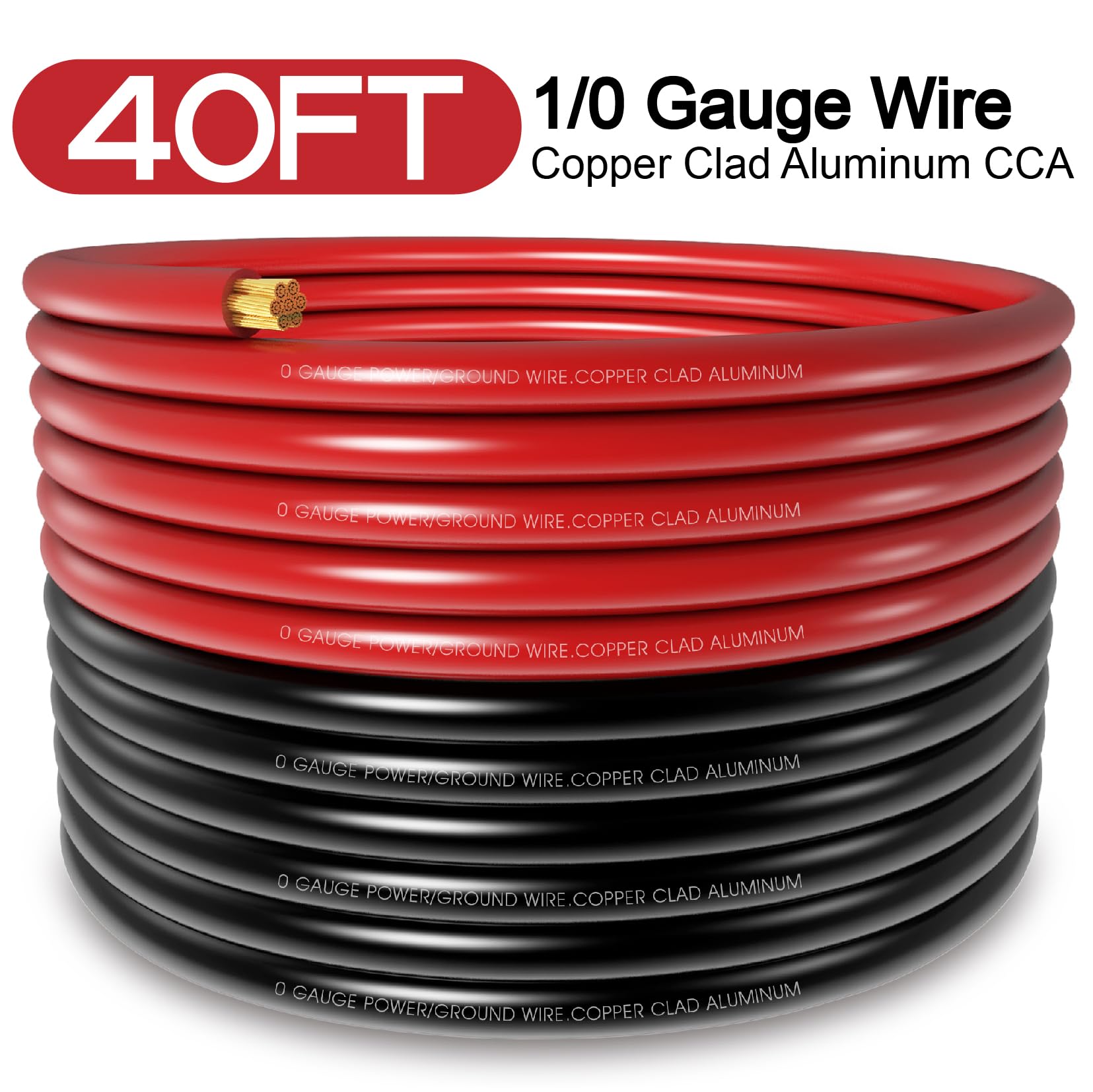 40Ft 1/0 Gauge Wire Copper Clad Aluminum Caa,20Pcs Lugs Terminal Connectors With 3:1Heat Shrink Tube For Power/Auto,Amplifier,Gr