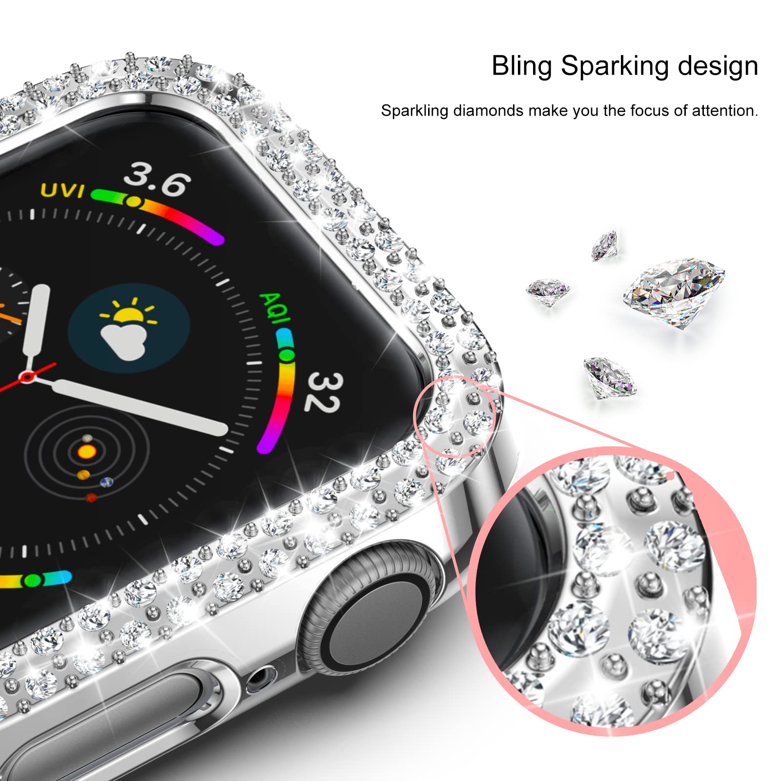 12 Pack Rc-Z For Apple Watch Series Se(2Nd) 6 5 4 44Mm Bling Case, Bumper Double Diamonds Rhinestone Protective Frame Replacemen