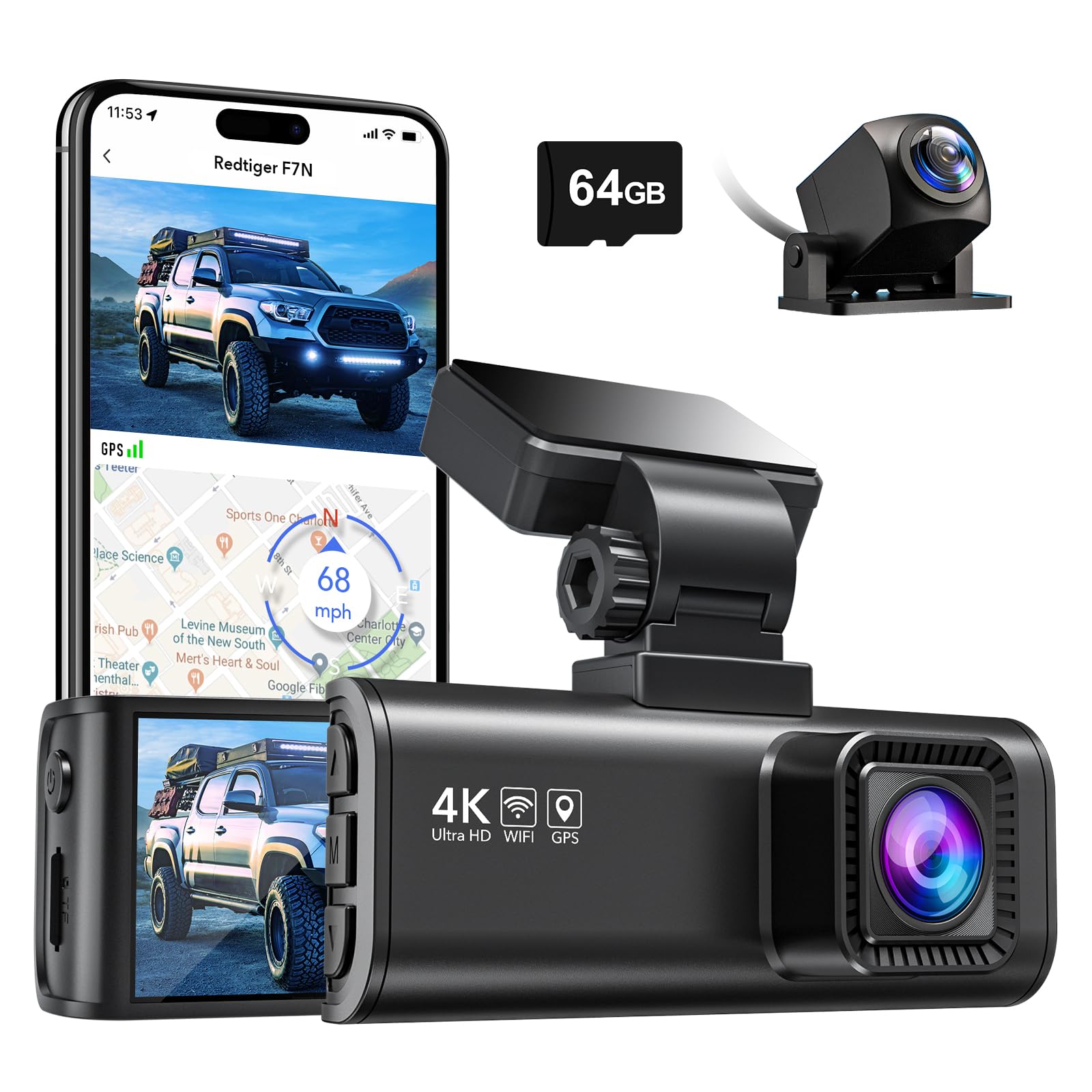 Redtiger F7N 4K Dual Dash Cam With 64Gb Card, Built In Wifi Gps Front 4K/2.5K And Rear 1080P Dual Dash Camera For Cars,3.18 Inch