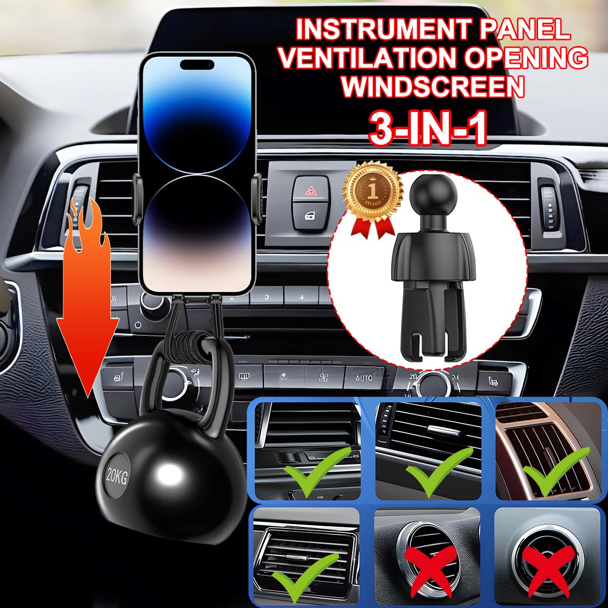 Hzel Car Phone Holder, 2 In 1 Automotive Air Vent Cellphone Stand Mount For Dashboard Windshield, Adjustable Vehicle Interior Sm