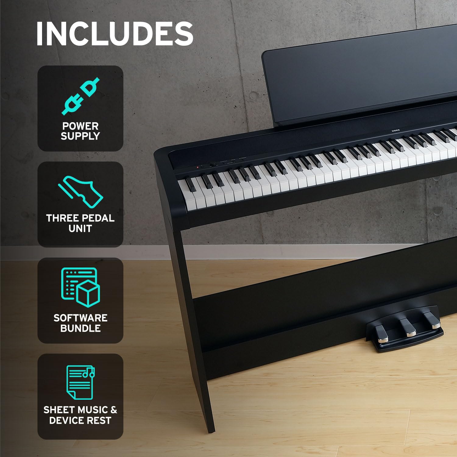 Korg, Portable Digital Piano With 88-Key Full Size Weighted Keyboard, Built-In Speakers, Furniture, Music Stand, And 3-Pedal Uni