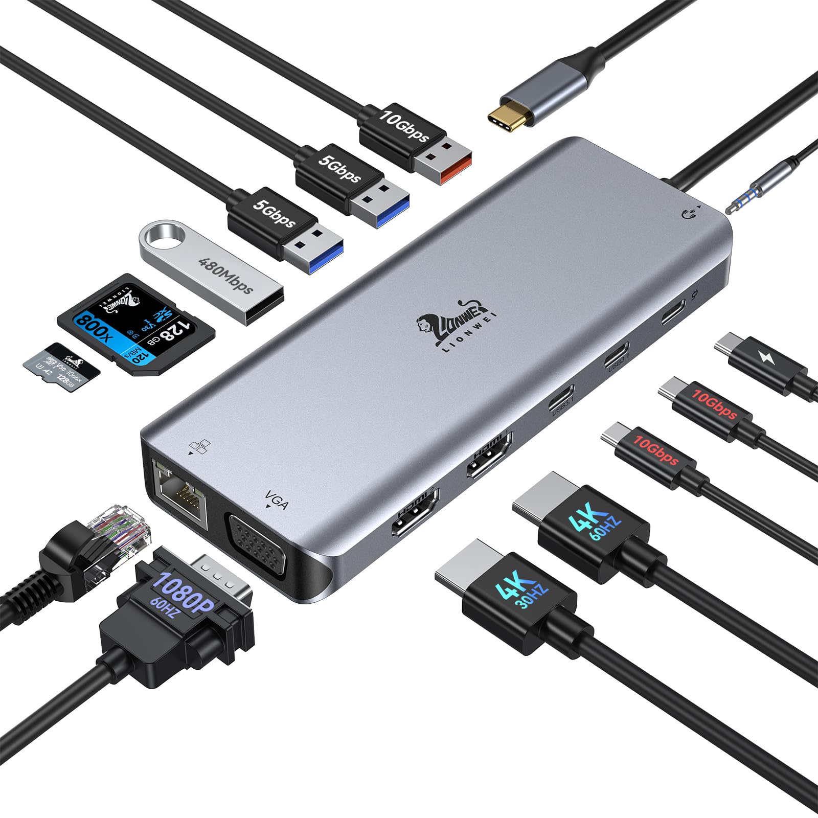 USB C Docking Station Dual Monitor for Laptop, LIONWEI 14-in-1 USB-C Hub with Triple Display, 2 HDMI + VGA, Ethernet, 6 USB A/C 