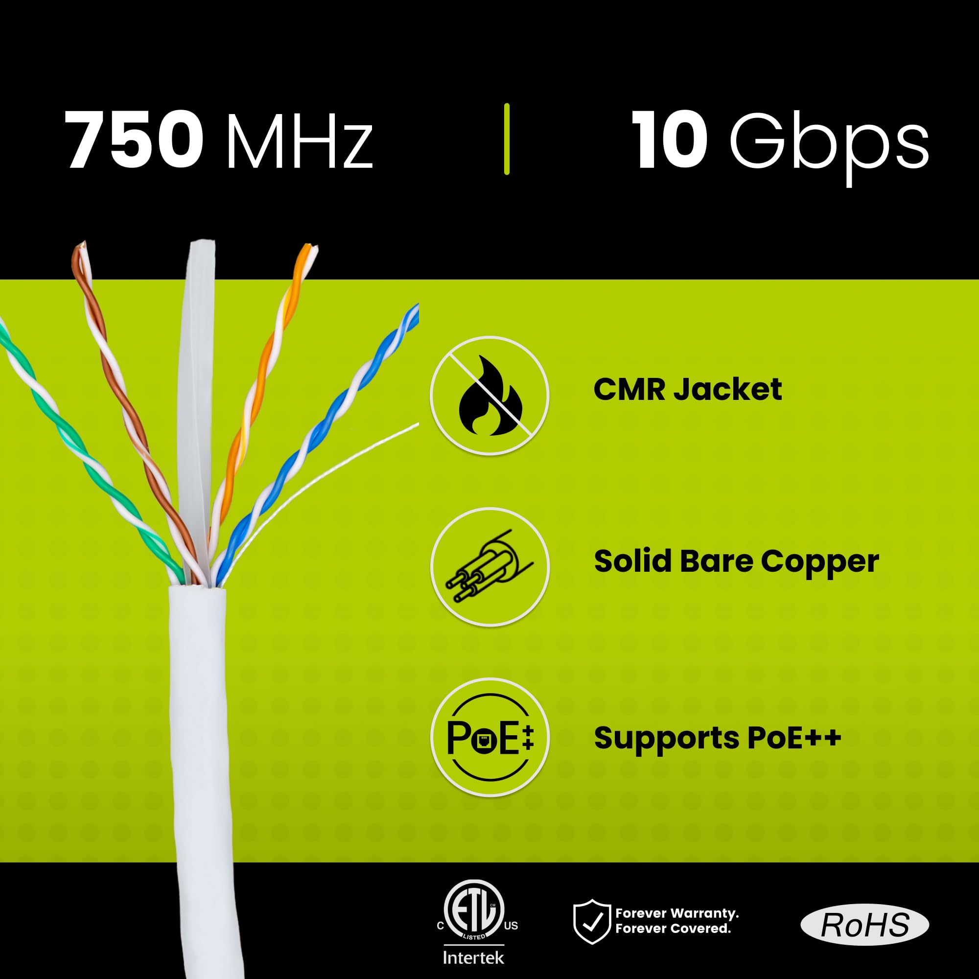 Truecable Cat6A Riser (Cmr), 1000Ft, White, 23Awg 4 Pair Solid Bare Copper, 750Mhz, Poe++ (4Ppoe), Etl Listed, Unshielded Twisted Pair (Utp), Bulk Ethernet Cable