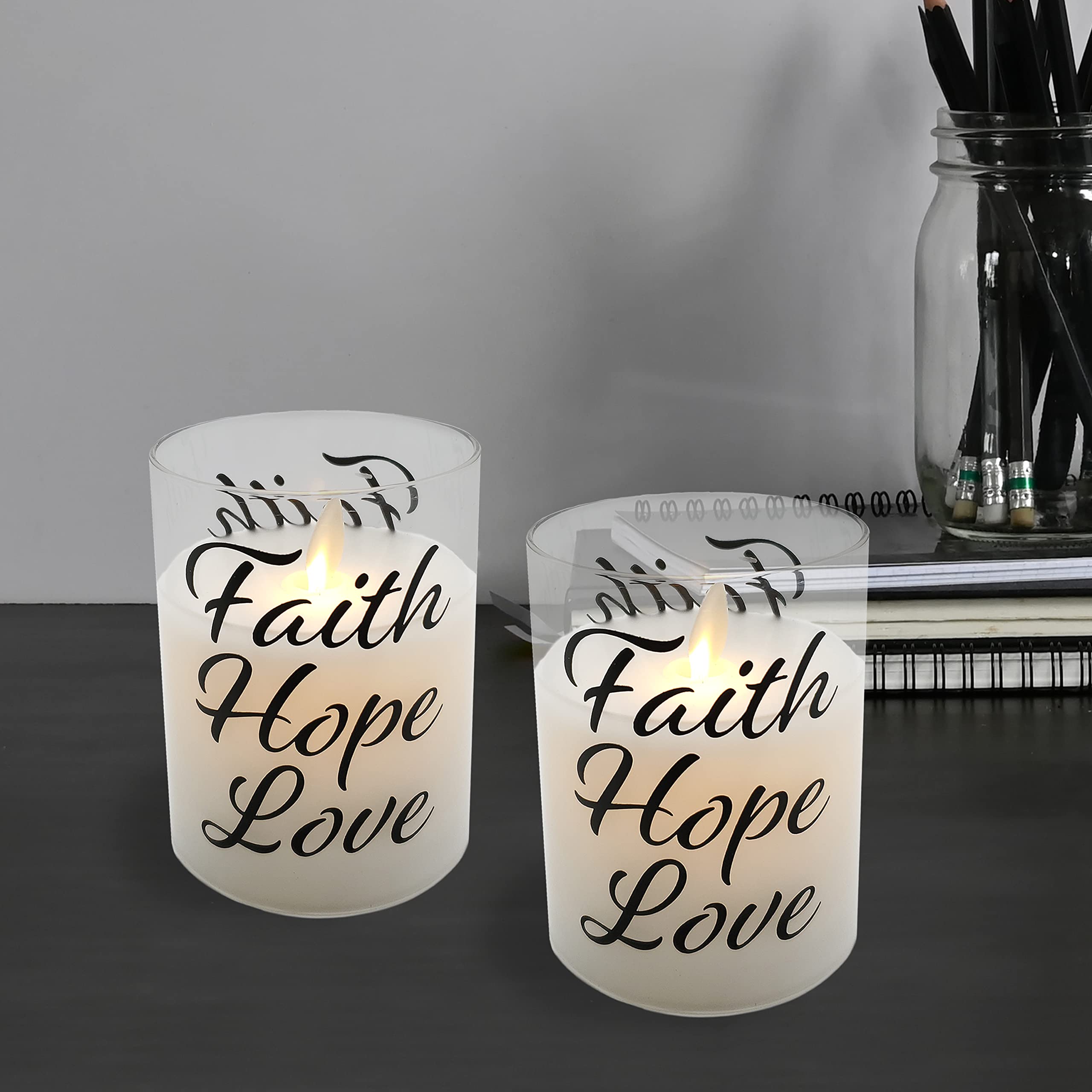 Lumabase Battery Operated Led Glass Candles With Flickering Flame, Faith Hope Love   Set Of 2