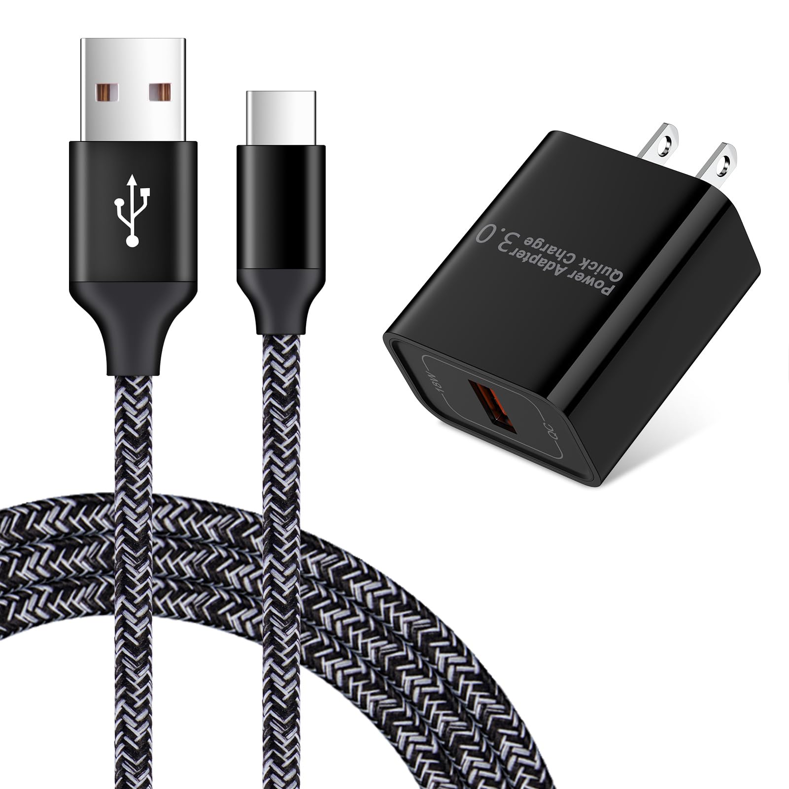 Quick Charge 3.0 Fast Charging USB Wall Charger Plug with 6ft Type C Cable for Samsung Galaxy S25 S24 S23 S22 S21 S20FE Note20 A