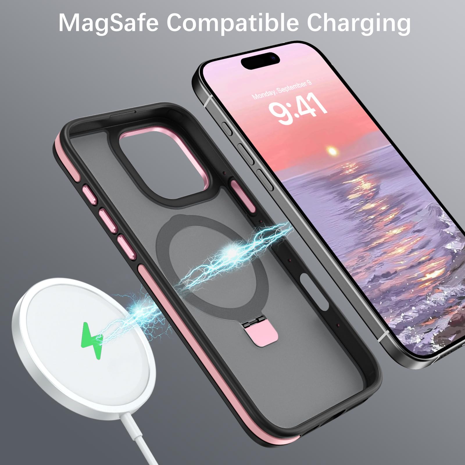 Veningo Iphone 16 Pro Max Case, Magnetic Slim Fit Magsafe Translucent Matte Car Mount Supported Foldable Ring Holder Kickstand S