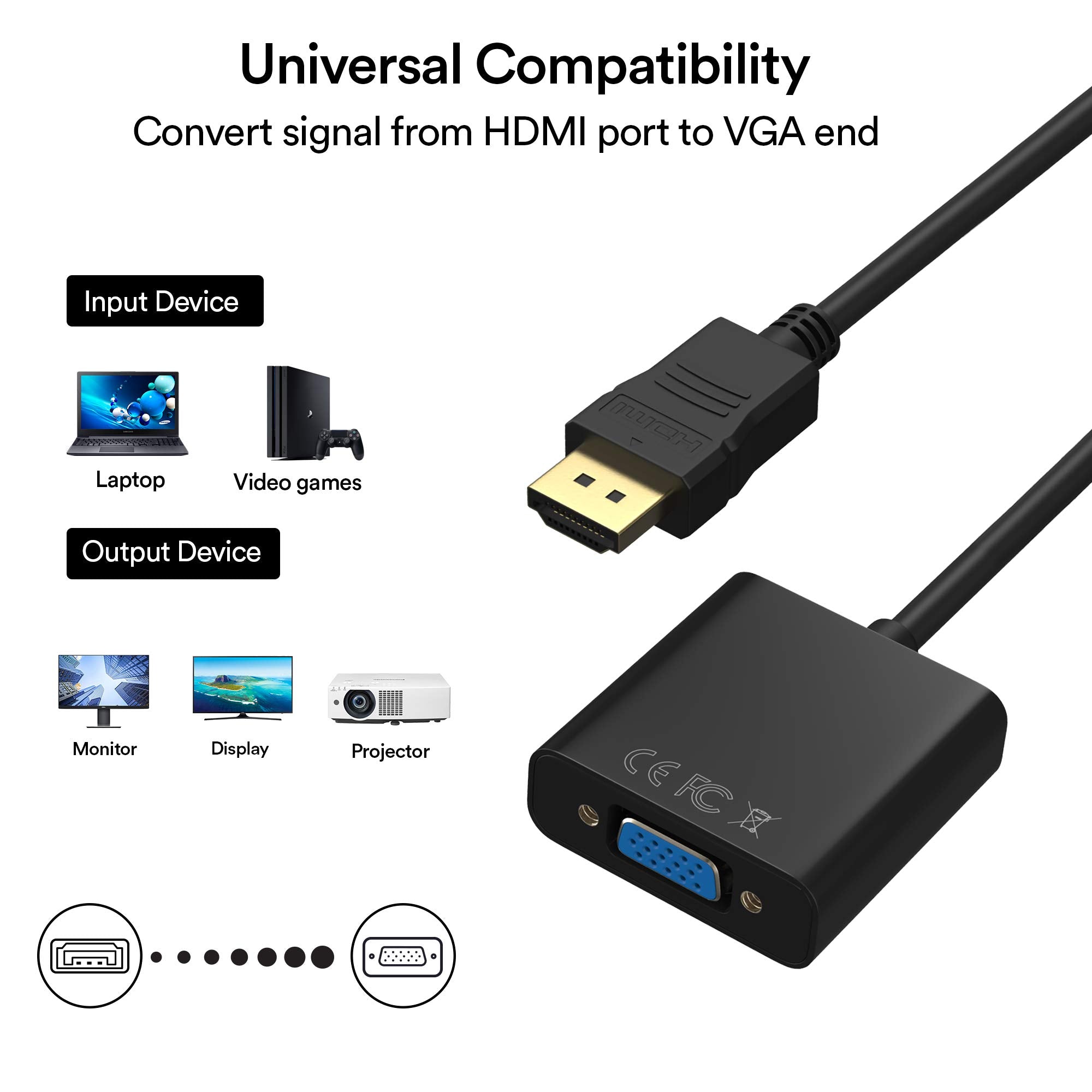 Cableader Hdmi To Vga 1080P, Hdmi Male To Vga Female With Audio For Laptop,Pc,Desktop,Tvbox,Xbox,Ps3,Ps4 Etc  Black