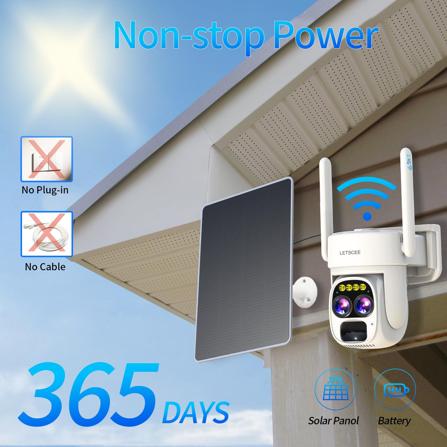 Letscee Security Cameras Wirelss Outdoor Solar Powered For Home Security, 360 View Outside Camera,Motion Detection,10X Hybrid Zo