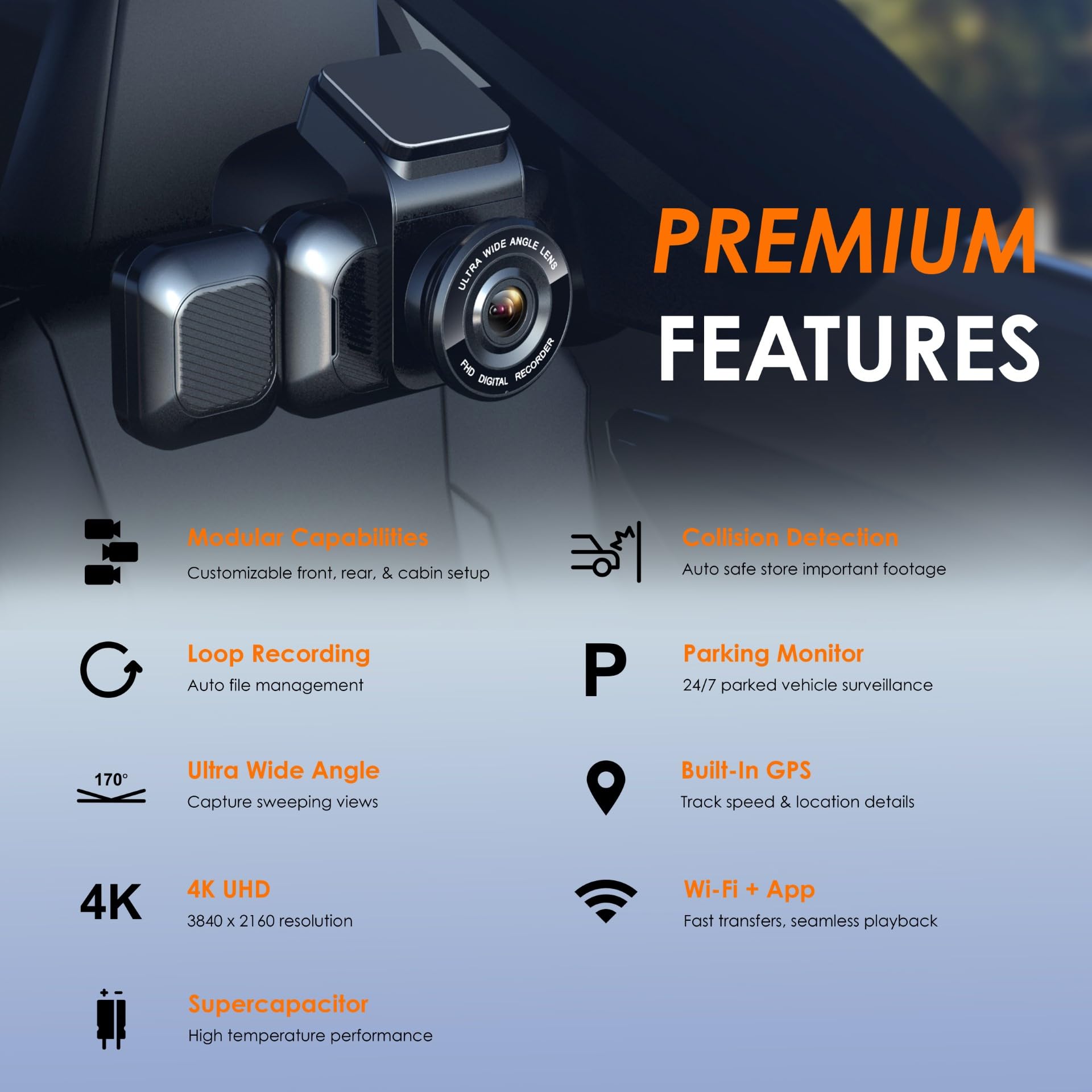 Rexingusa 4K 3 Channel Dash Cam With Wi Fi, Gps, Voice Control, G Sensor, And Loop Recording   Super Capacitor, 170 Wide Angle,
