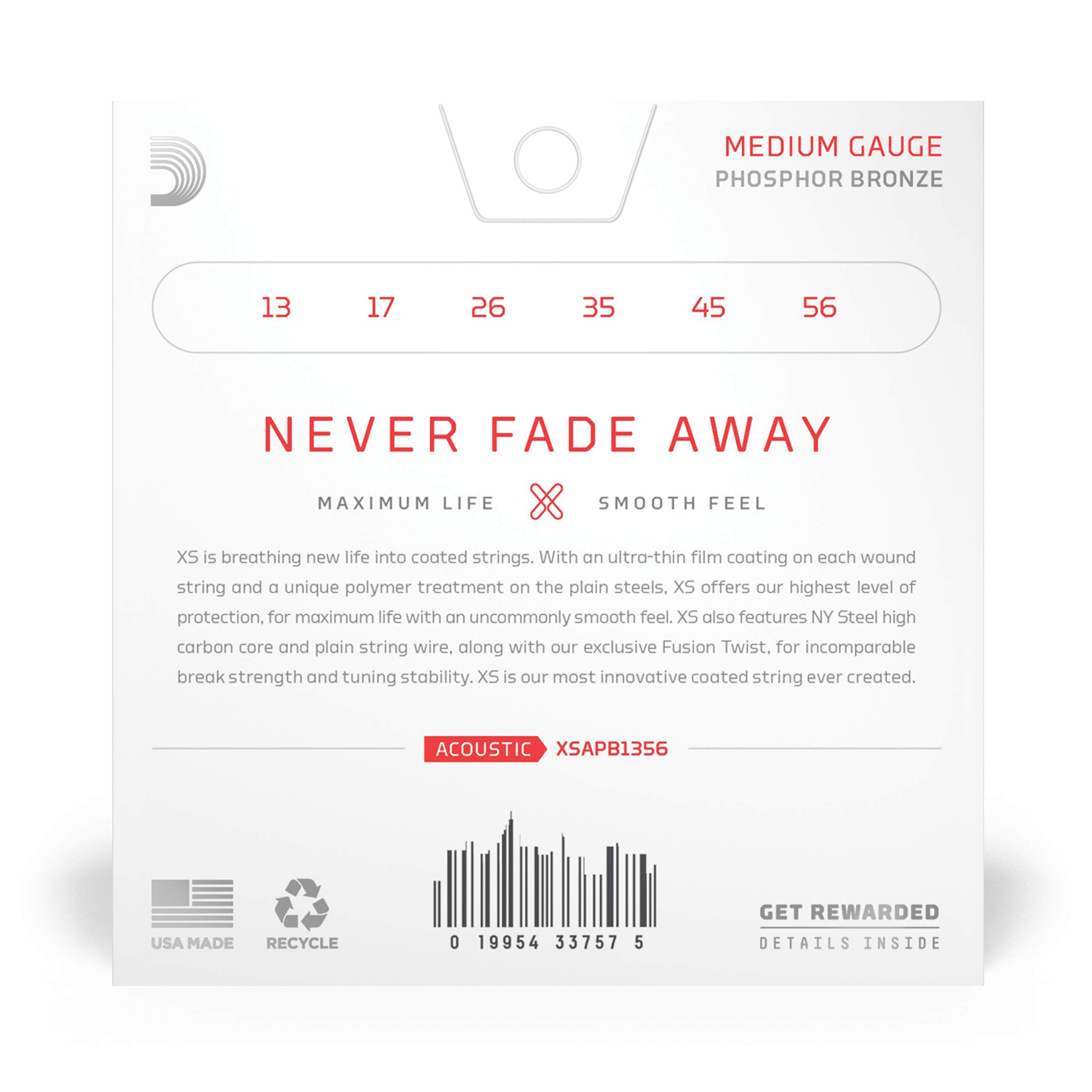 Daddario Acoustic Guitar Strings, Xs Phosphor Bronze Coated, Xsapb1356, Medium Gauge 13-56, 6-String Set, Pack Of 1