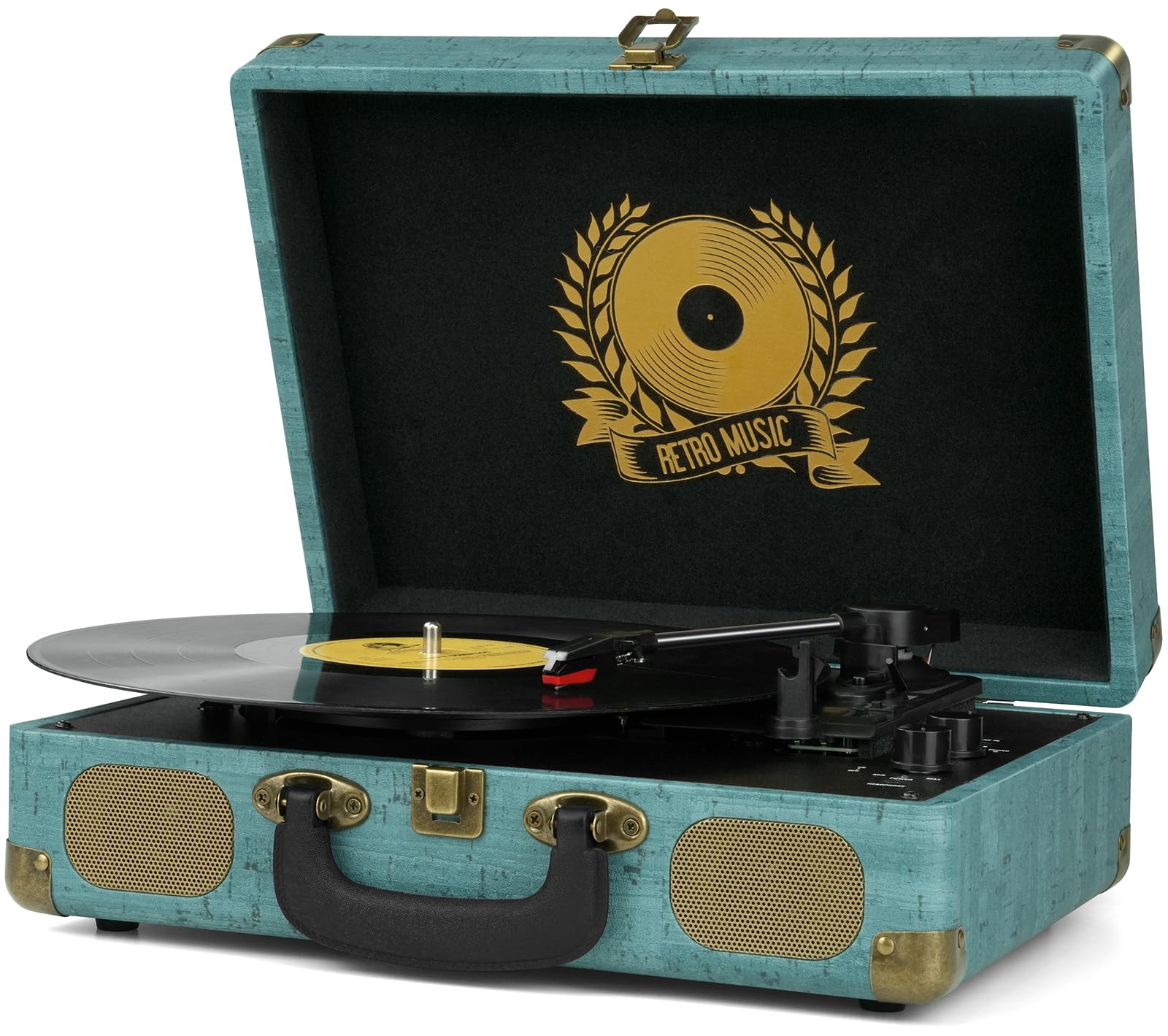 Vinyl Record Player 3-Speed Bluetooth Suitcase Portable Belt-Driven, Supports Bluetooth, RCA Output, 3.5mm aux-in and Headphone 