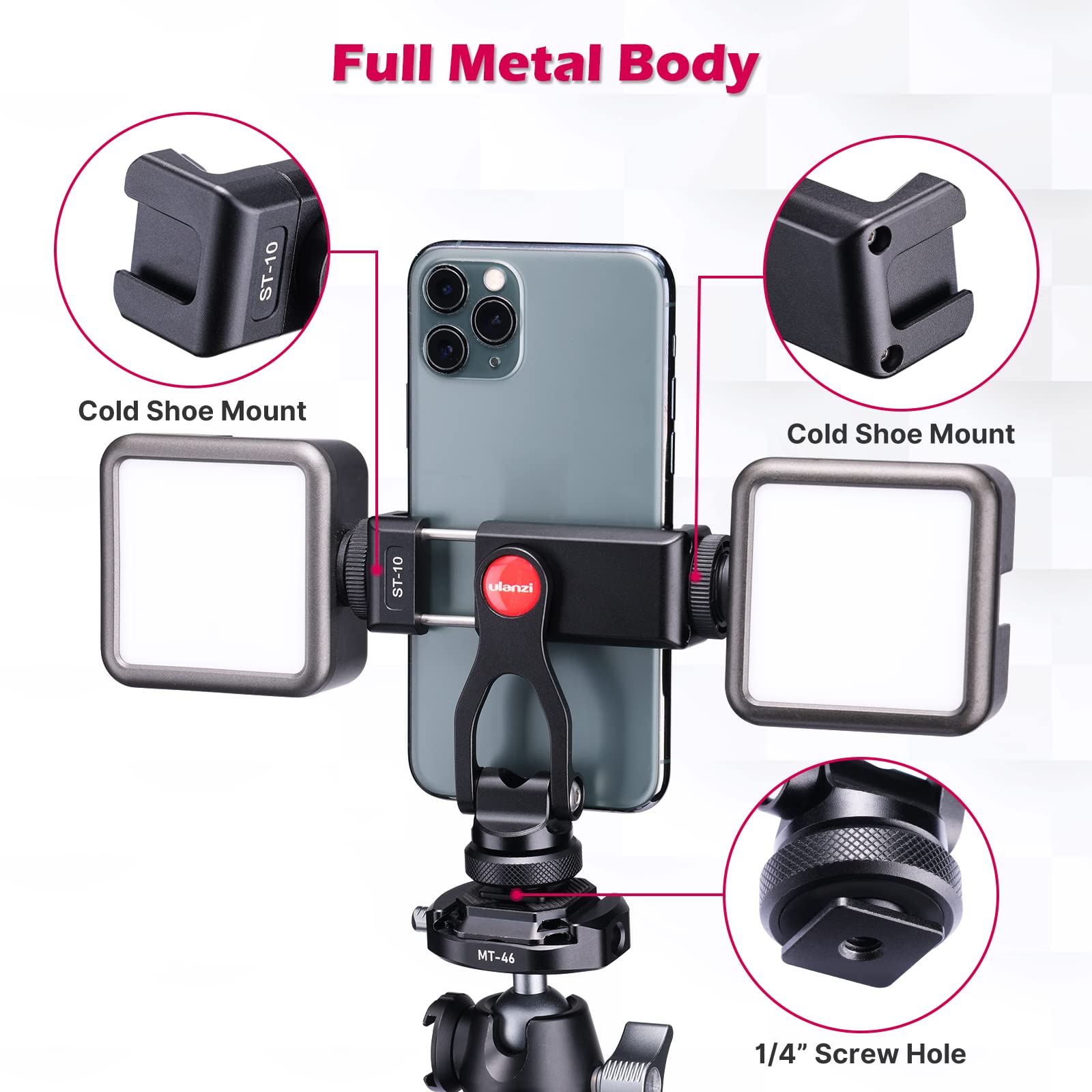 Ulanzi Metal Phone Tripod Mount St-10, Universal 360 Smartphone Adapter With 2 Cold Shoe Mount, Adjustable Cell Phone Clamp Stan