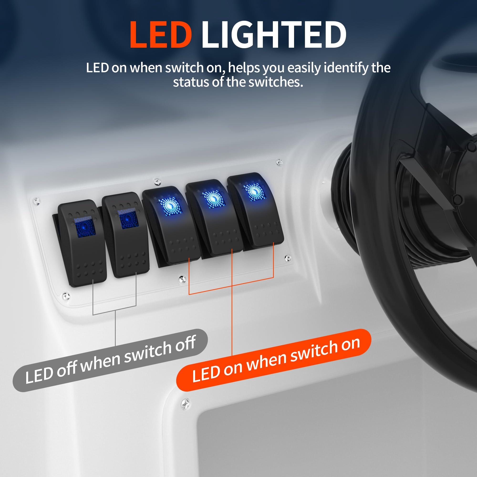 Daiertek Marine Boat Rocker Switch 12V, Lighted Blue Led Waterproof Rocker Switch 12 Volt For Utv Rzr Spst 3 Pin On/Off 20A Heav