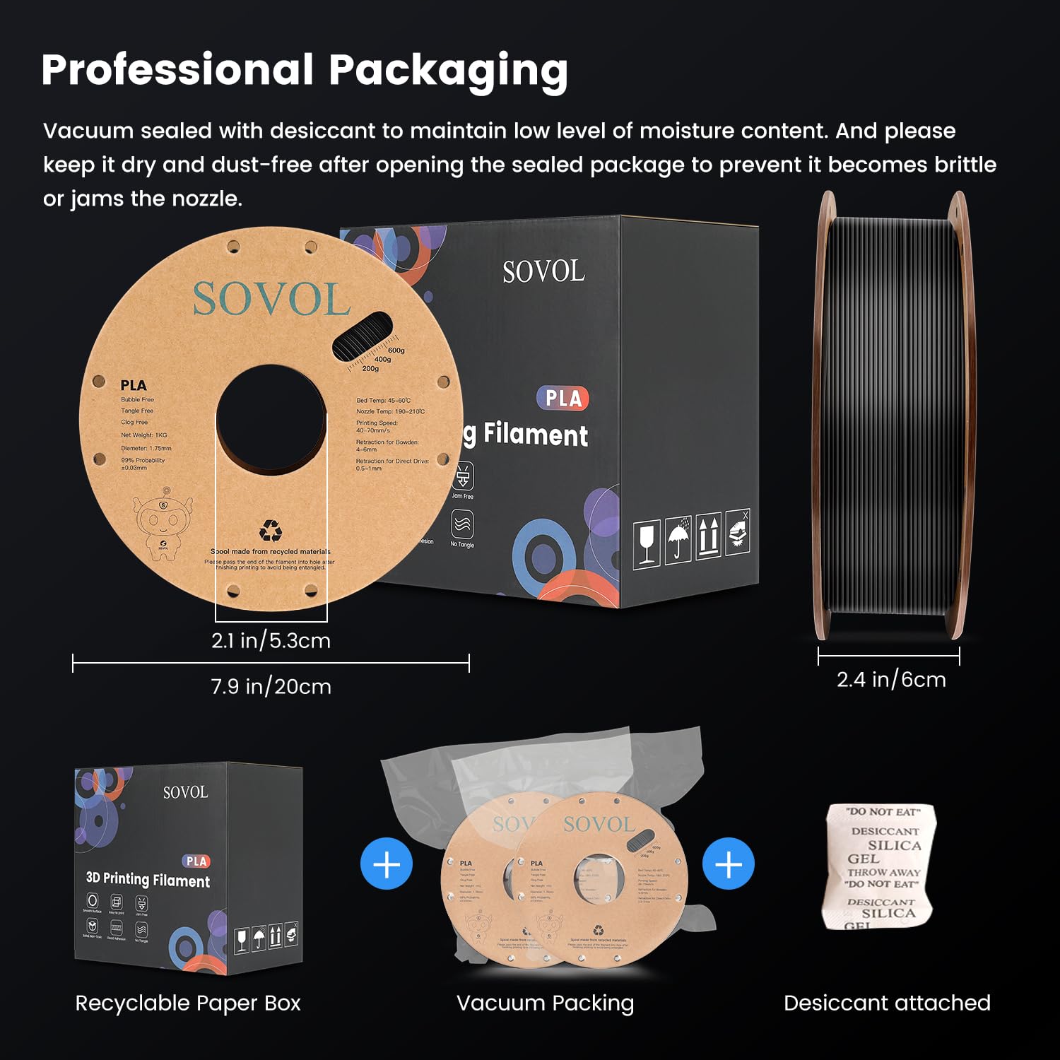 Sovol 3D Printer Pla Filament 2Kg (4.4 Lbs) Spool Printing Materials, Wiring Tightness, Dimensional Accuracy +/  0.03 Mm, 1.75 M