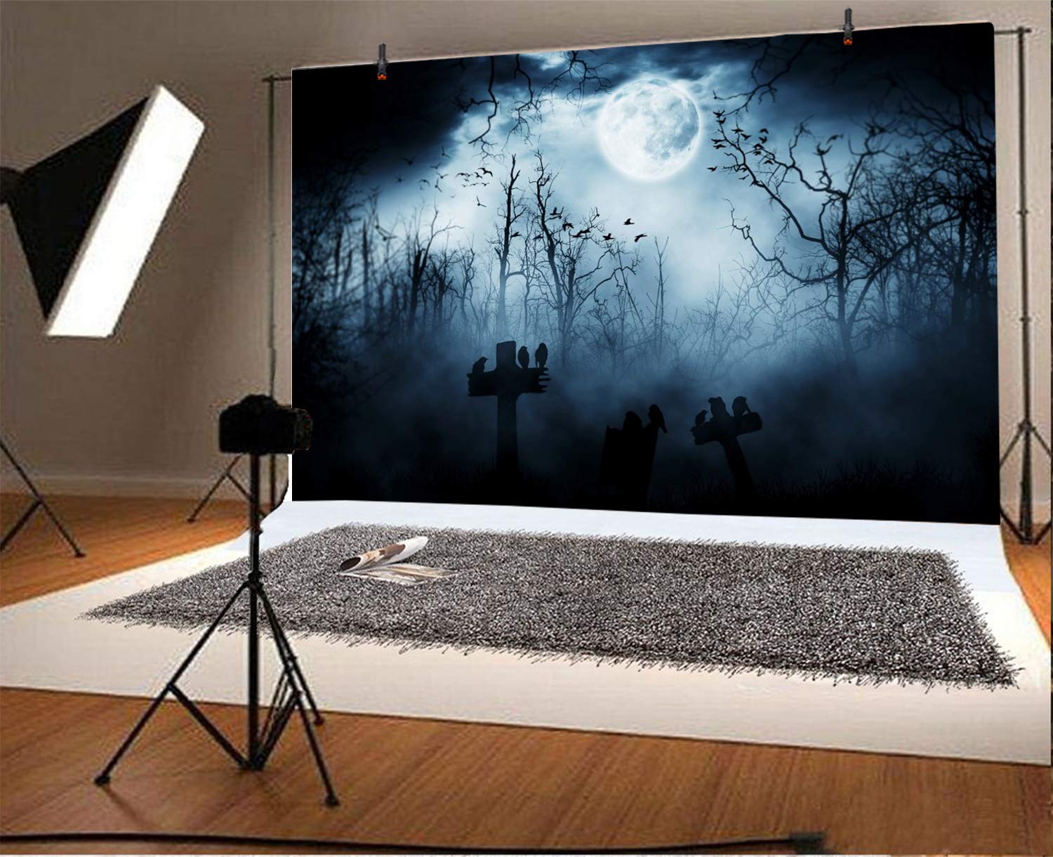 Aofoto 7X5Ft Moon Night Halloween Cemetery Photography Backdrop Flying Bats Birds Stand On Gravestone Cross Graveyard In Dark Fo