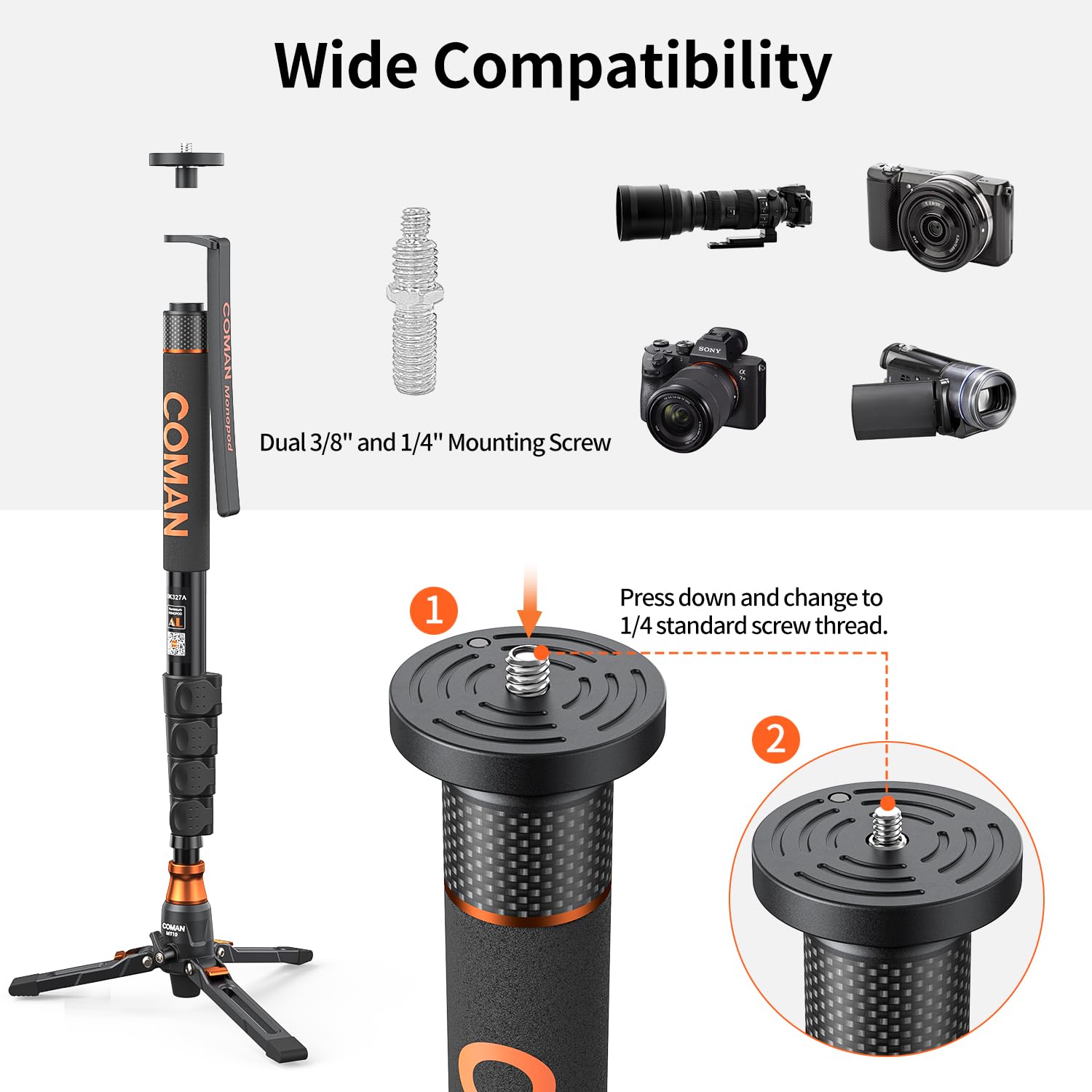 Famall Monopod With Feet, Coman Professional Video Camera Monopod Q6 With Tripod Stand 70.6 Inch Max Load 22 Lbs For Cameras, Ca
