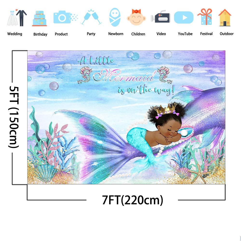 Mocsicka Backdrop Under The Sea Mermaid Princess Baby Shower Decorations 7X5Ft Glitter Mermaid Tail Seashell Starfish Pearl Ocean Bubble Background For Girls