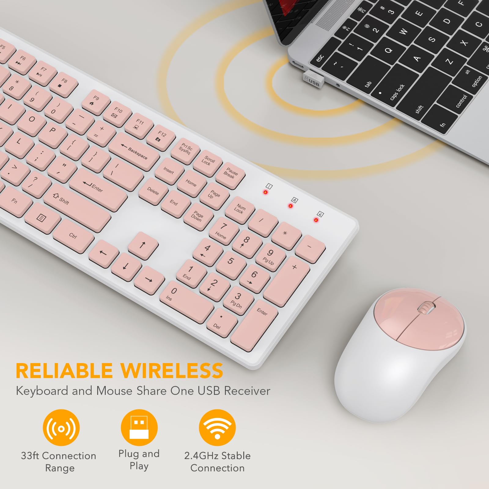 Wireless Keyboard And Mouse, Wisfox Full Size Wireless Mouse And Keyboard Combo, 2.4Ghz Silent Usb Wireless Keyboard Mouse Combo For Pc Desktops Computer (Pink And White)