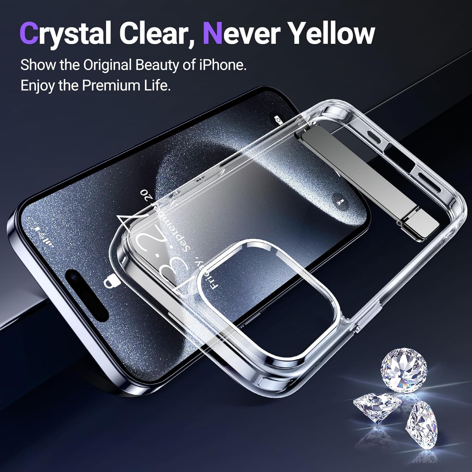 Temdan Designed For Iphone 15 Pro Max Case Clear With Kickstand, [Non Yellowing] [Military Grade Drop Protection] Slim Thin Shoc