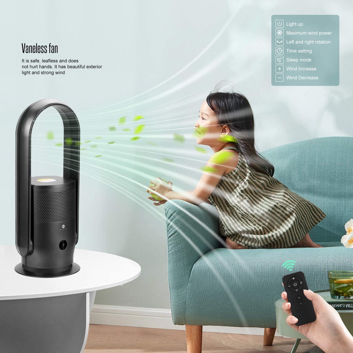 Ultty Bladeless Tower Fan And Air Purifier In One, 90 Oscillating Bladeless Fan With Remote, Touch, 8H Timer, Floor Fans For Bed